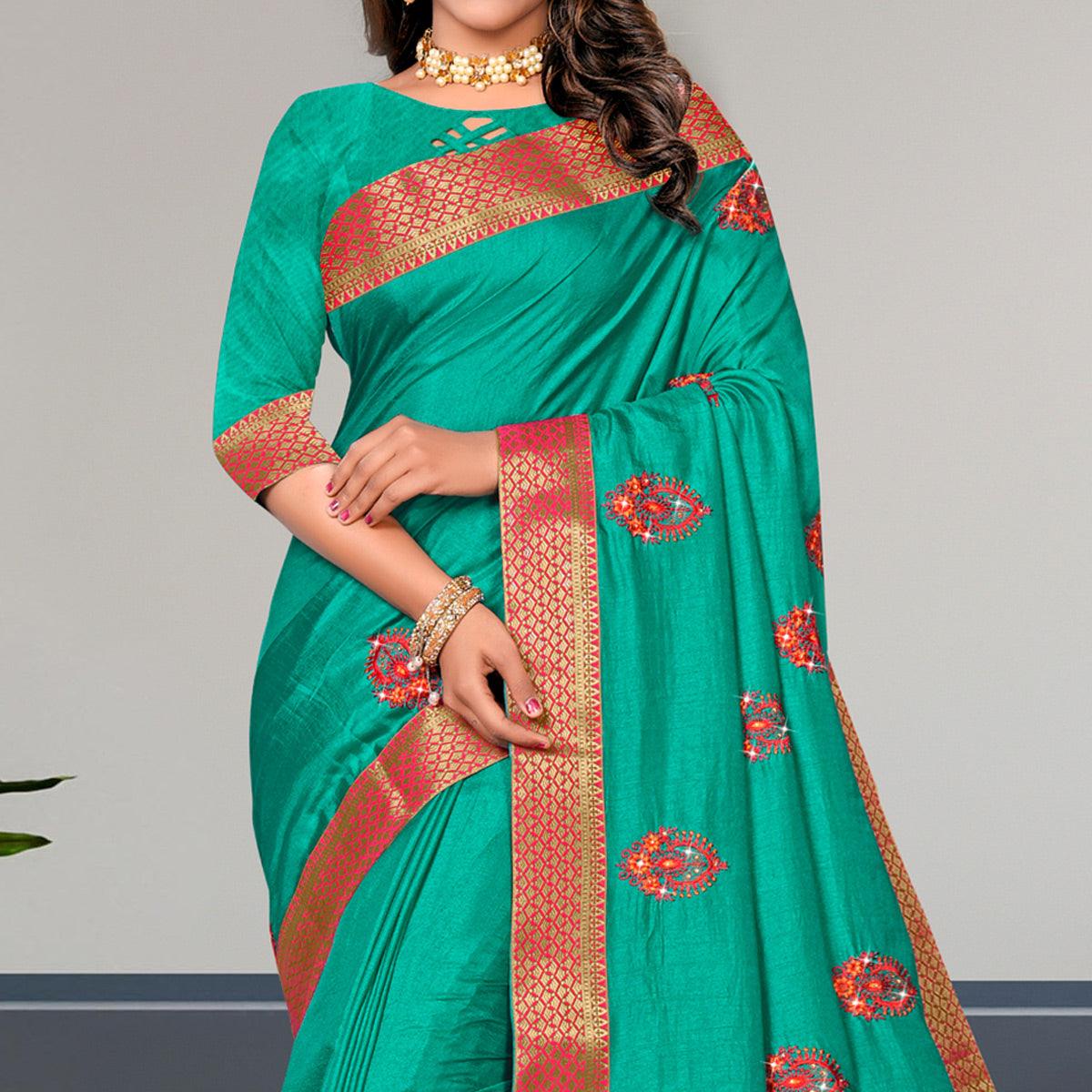 Turquoise Embroidered Vichitra Silk Saree - Peachmode