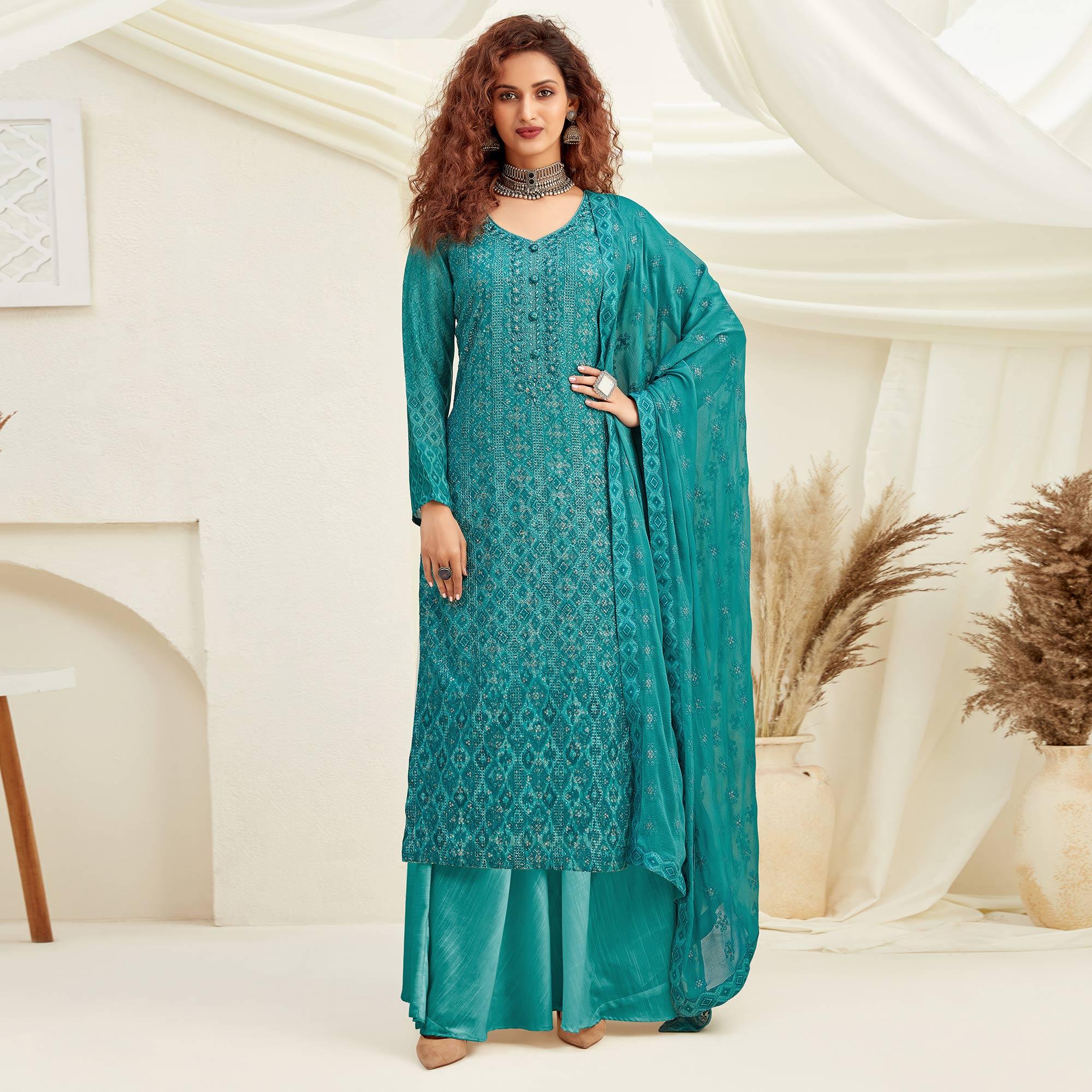 Turquoise Embroidered With Digital Printed Partywear Pure Viscose Palazzo Suit - Peachmode