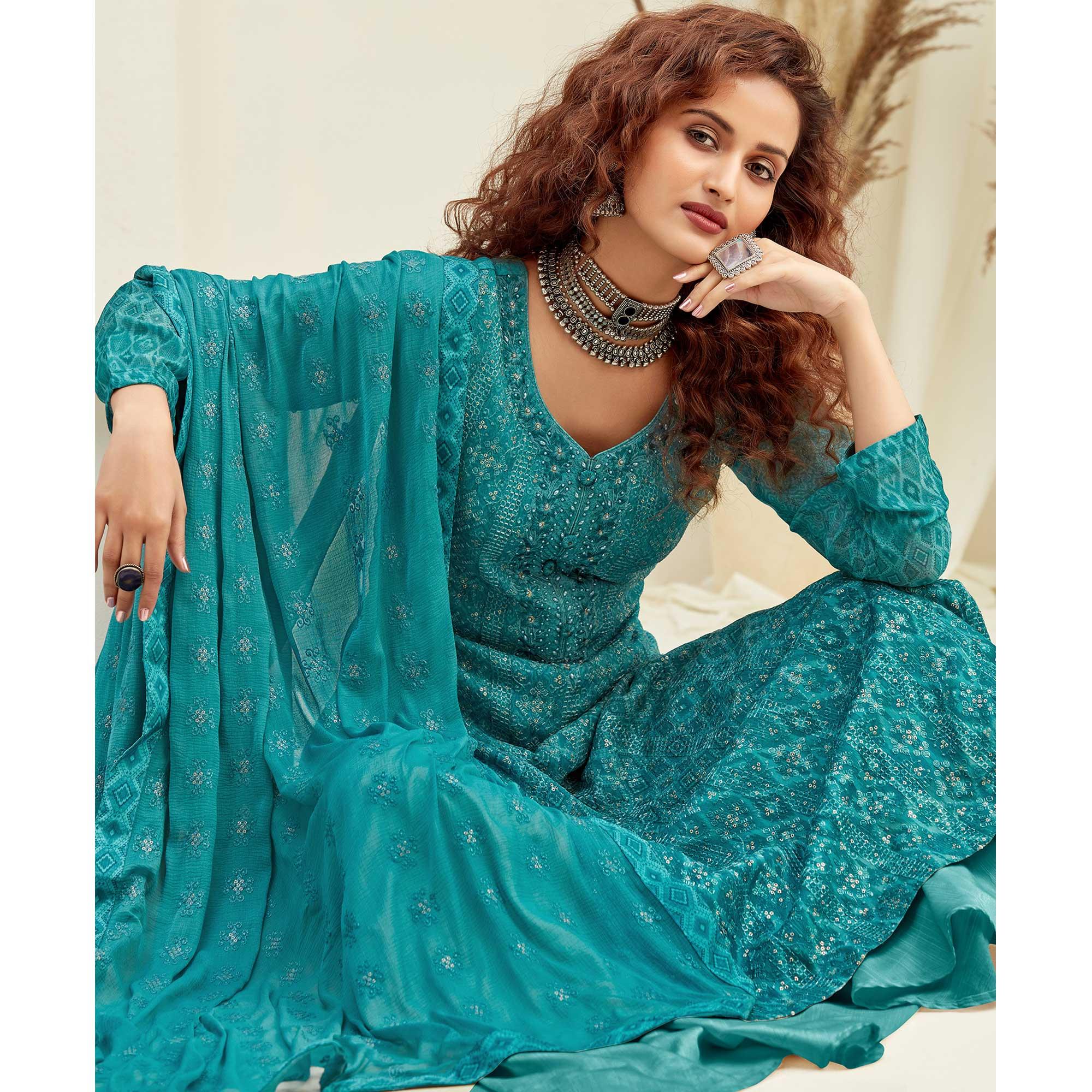 Turquoise Embroidered With Digital Printed Partywear Pure Viscose Palazzo Suit - Peachmode