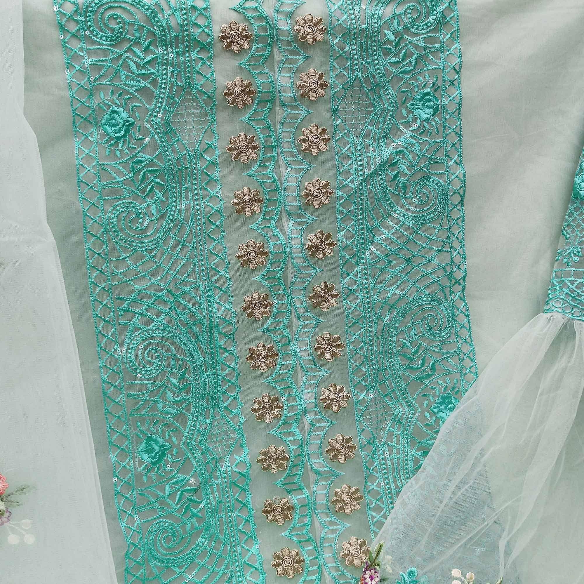 Turquoise Embroidered With Embellished Net Pakistani Suit - Peachmode