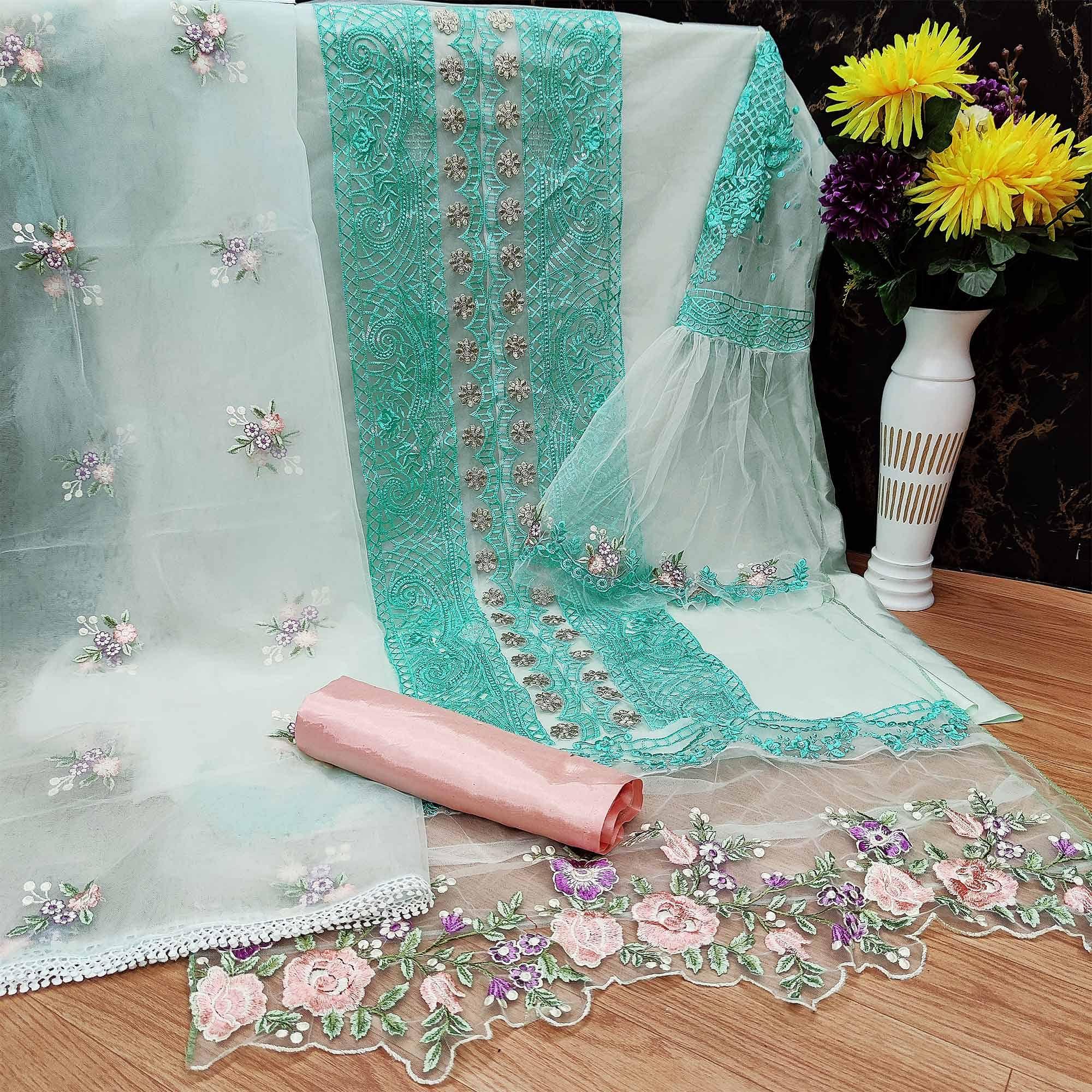 Turquoise Embroidered With Embellished Net Pakistani Suit - Peachmode