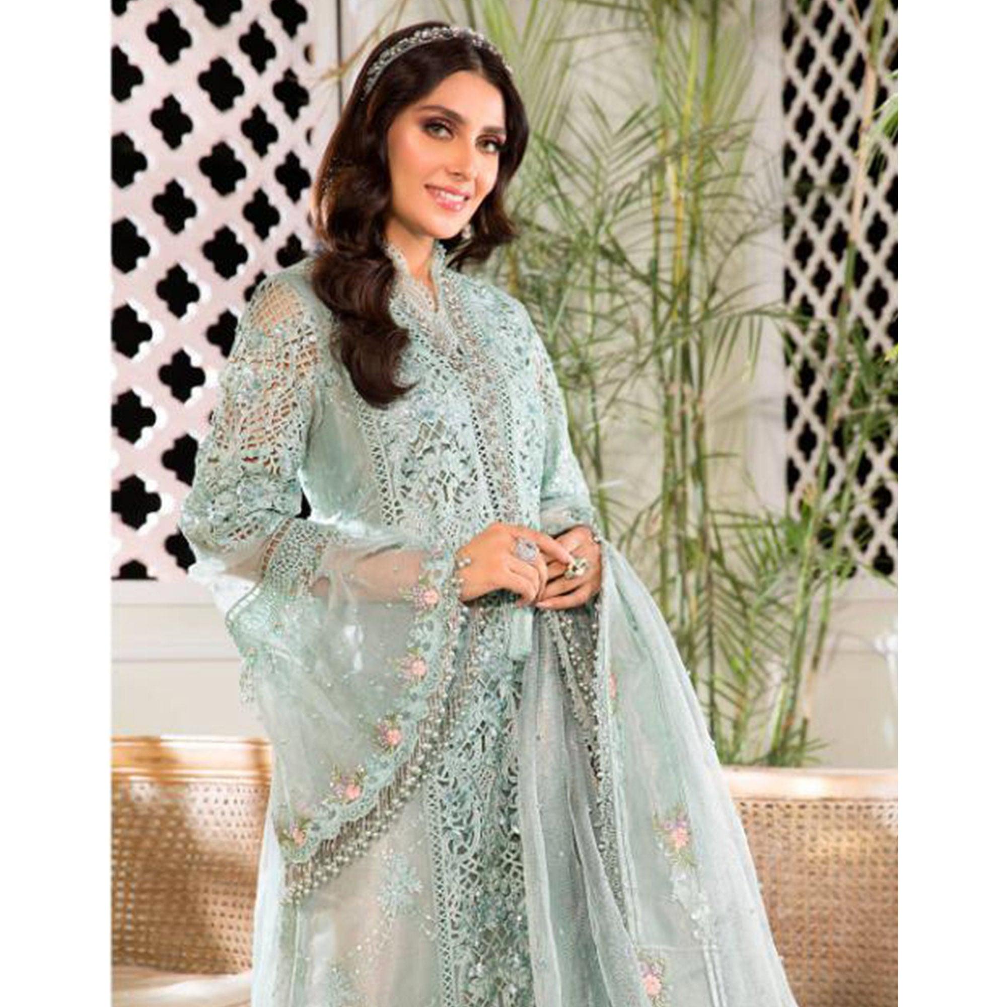 Turquoise Embroidered With Embellished Net Pakistani Suit - Peachmode