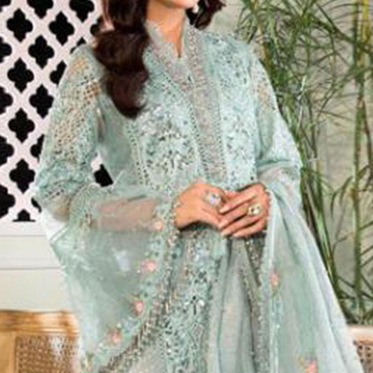 Turquoise Embroidered With Embellished Net Pakistani Suit - Peachmode