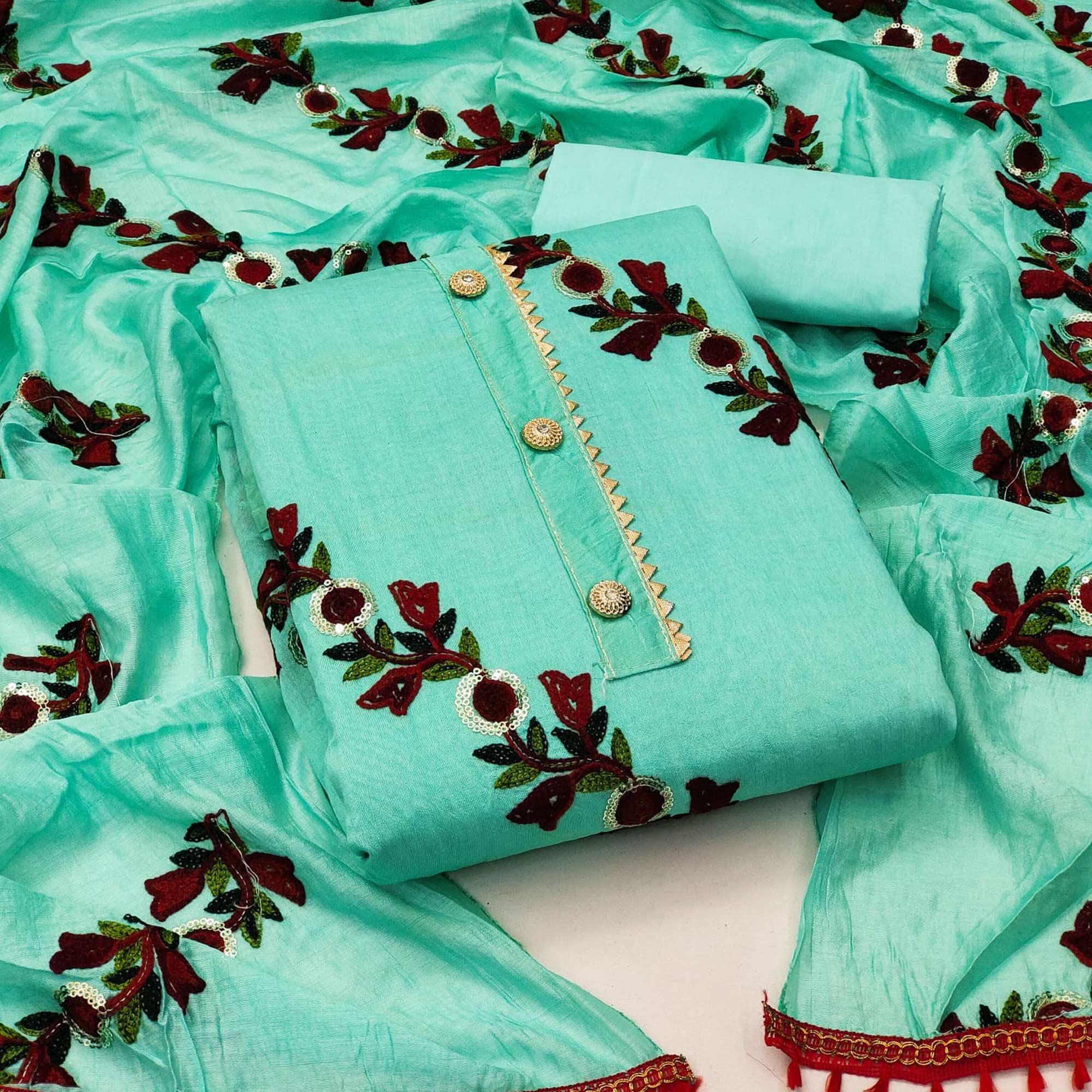 Turquoise Embroidered With Embellished Poly Cotton Dress Material - Peachmode