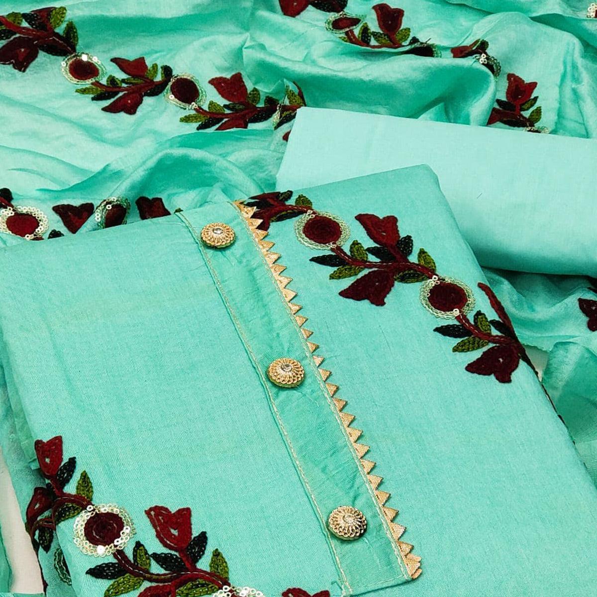 Turquoise Embroidered With Embellished Poly Cotton Dress Material - Peachmode