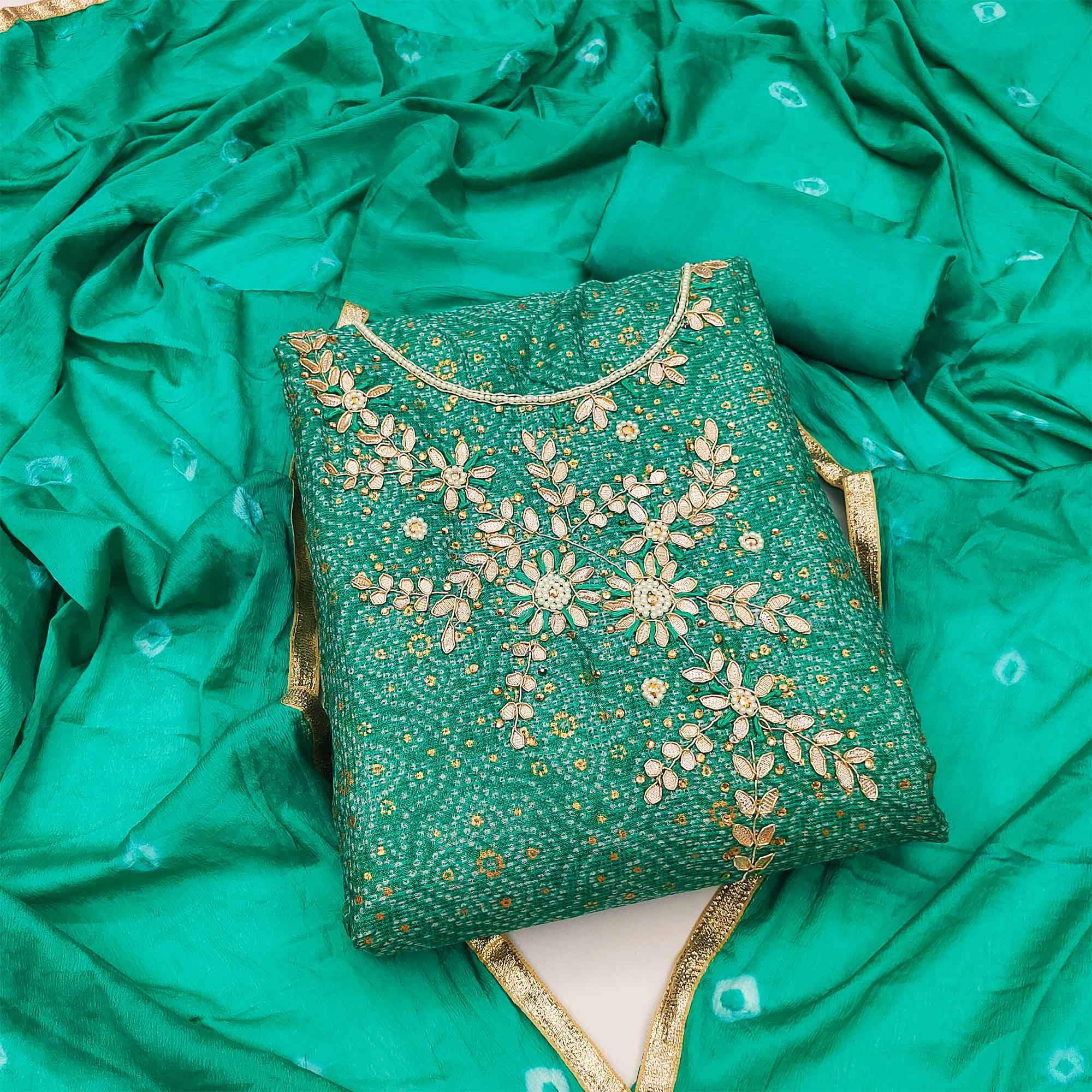 Turquoise Embroidered With Printed Khaadi Dress Material - Peachmode