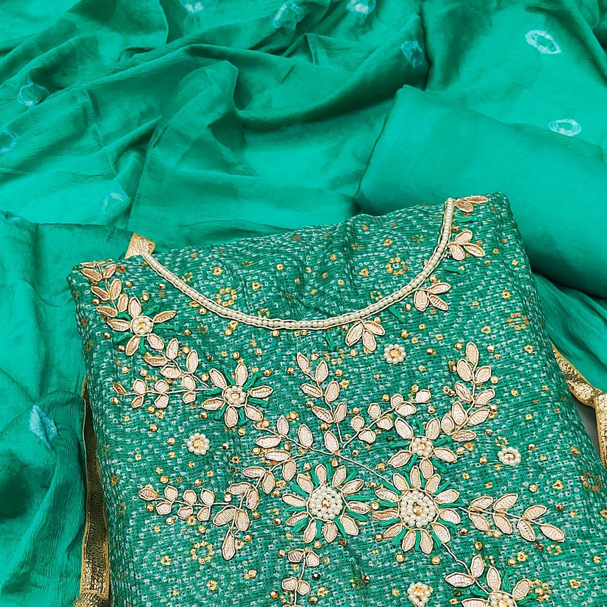 Turquoise Embroidered With Printed Khaadi Dress Material - Peachmode