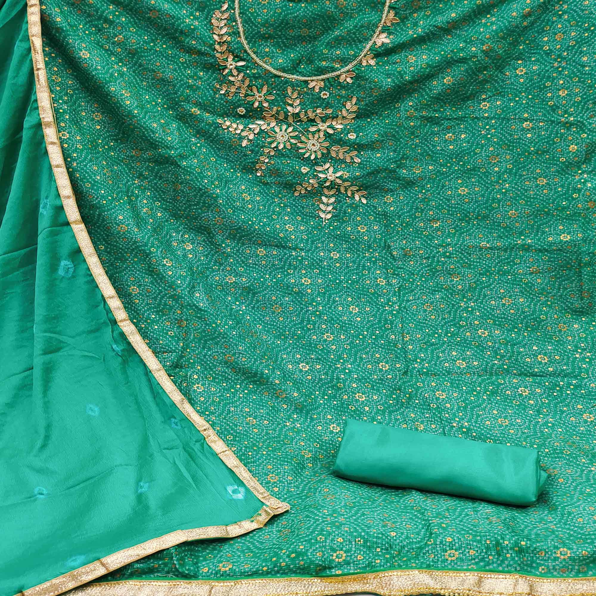 Turquoise Embroidered With Printed Khaadi Dress Material - Peachmode