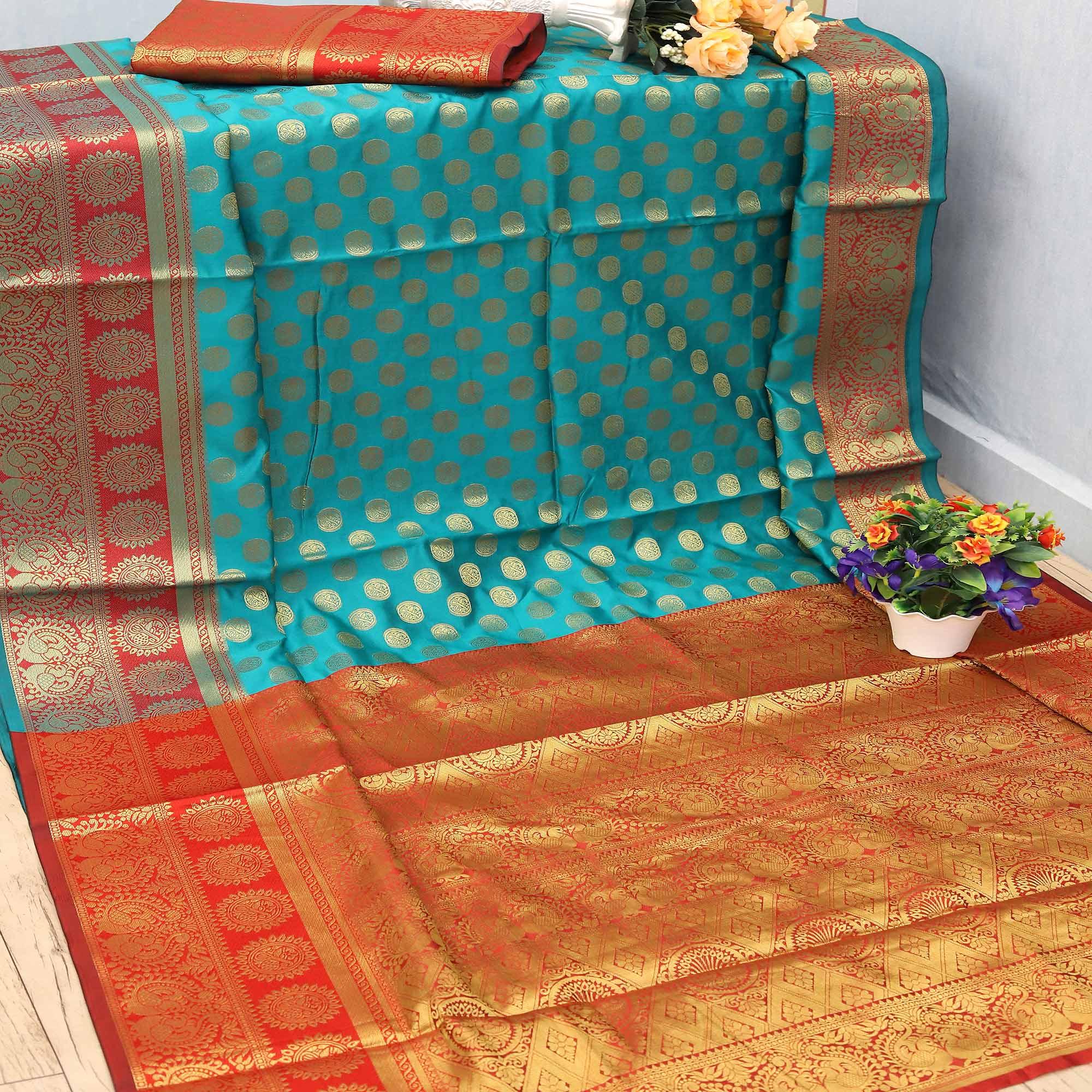 Turquoise Festive Embroidered Kota Banarasi Art Silk Saree - Peachmode