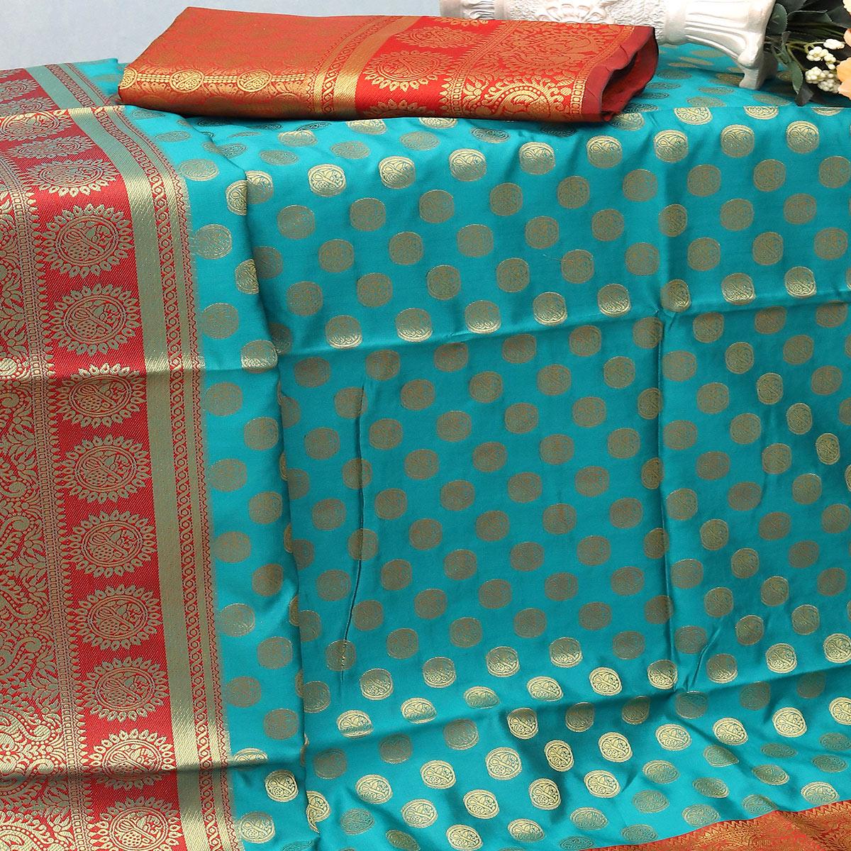 Turquoise Festive Embroidered Kota Banarasi Art Silk Saree - Peachmode