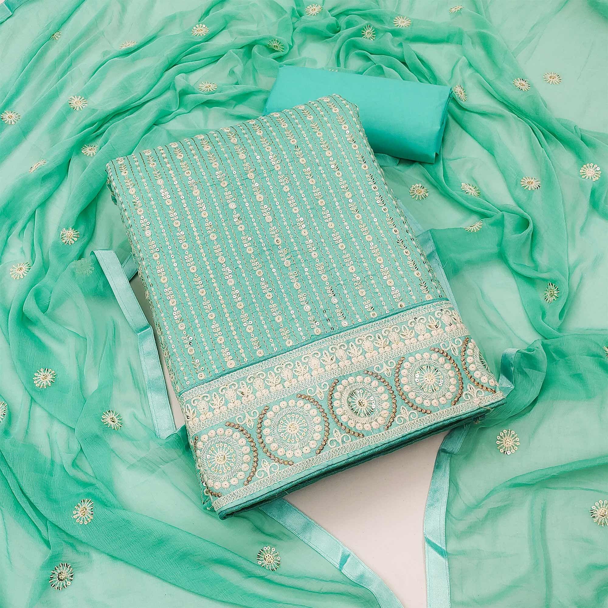 Turquoise Festive Wear Embellished With Embroidered chanderi Dress Material - Peachmode