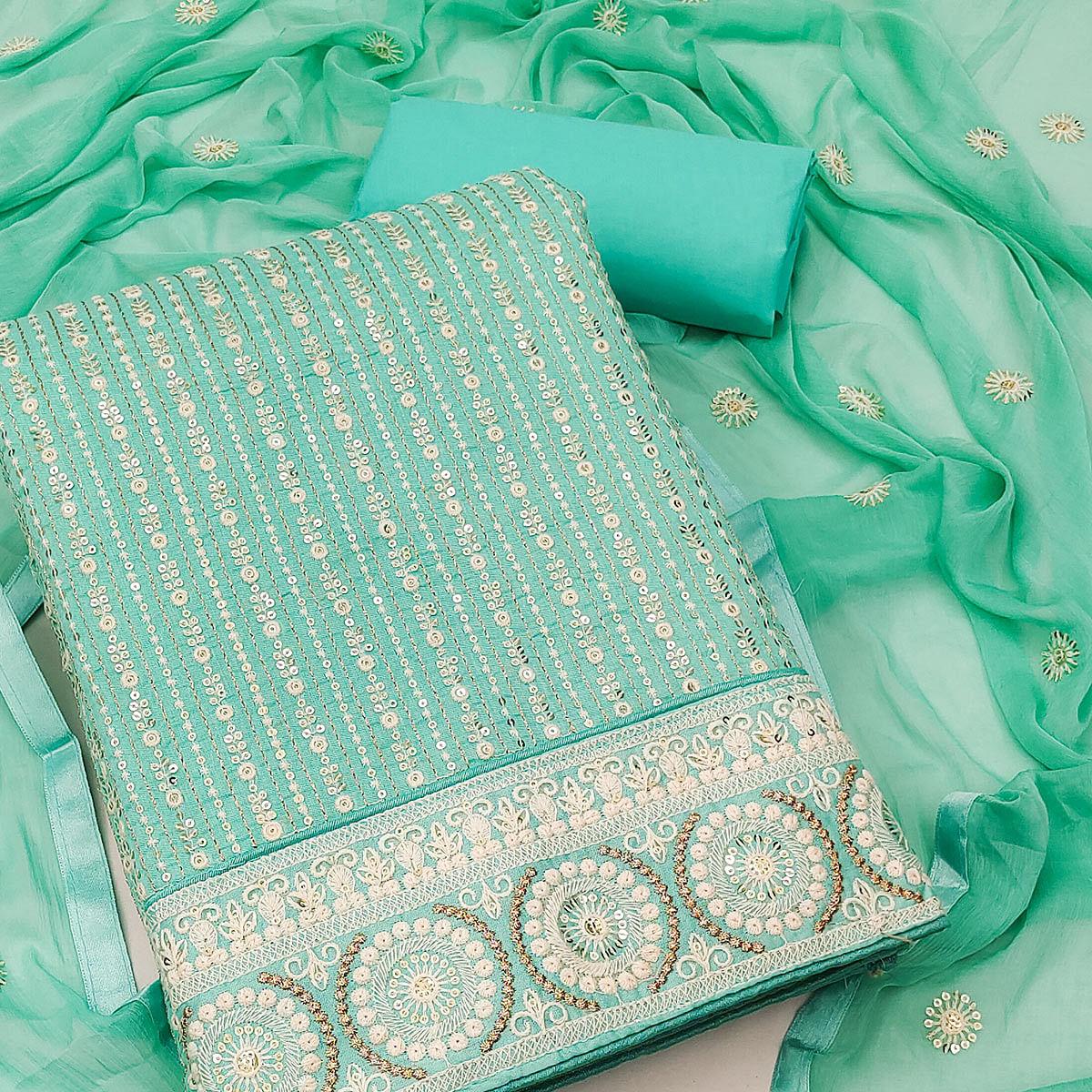 Turquoise Festive Wear Embellished With Embroidered chanderi Dress Material - Peachmode