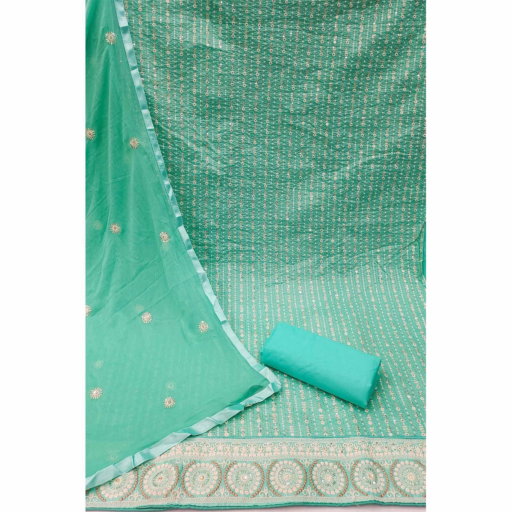 Turquoise Festive Wear Embellished With Embroidered chanderi Dress Material - Peachmode