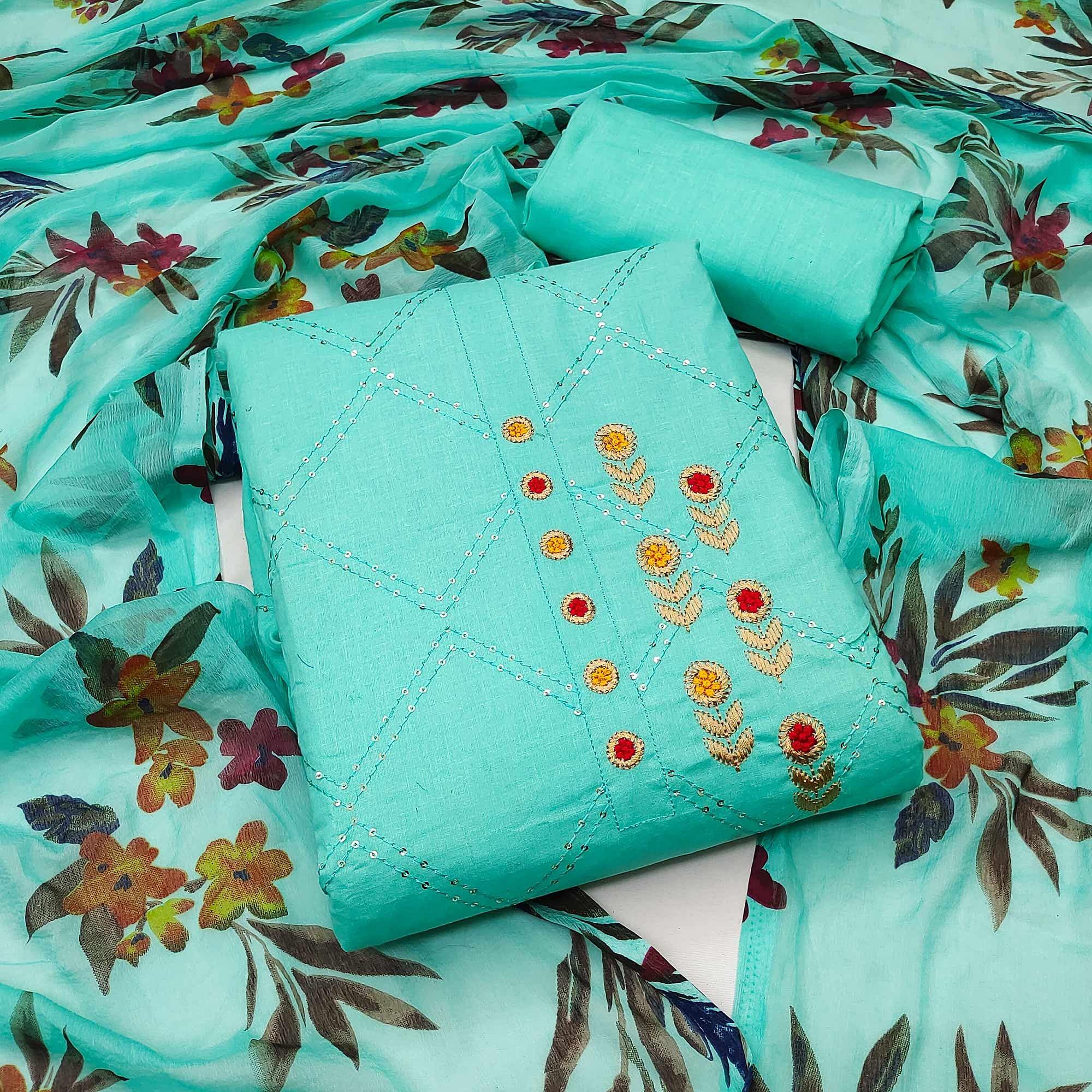 Turquoise Festive Wear Embellished With Embroidered Cotton Dress Material - Peachmode