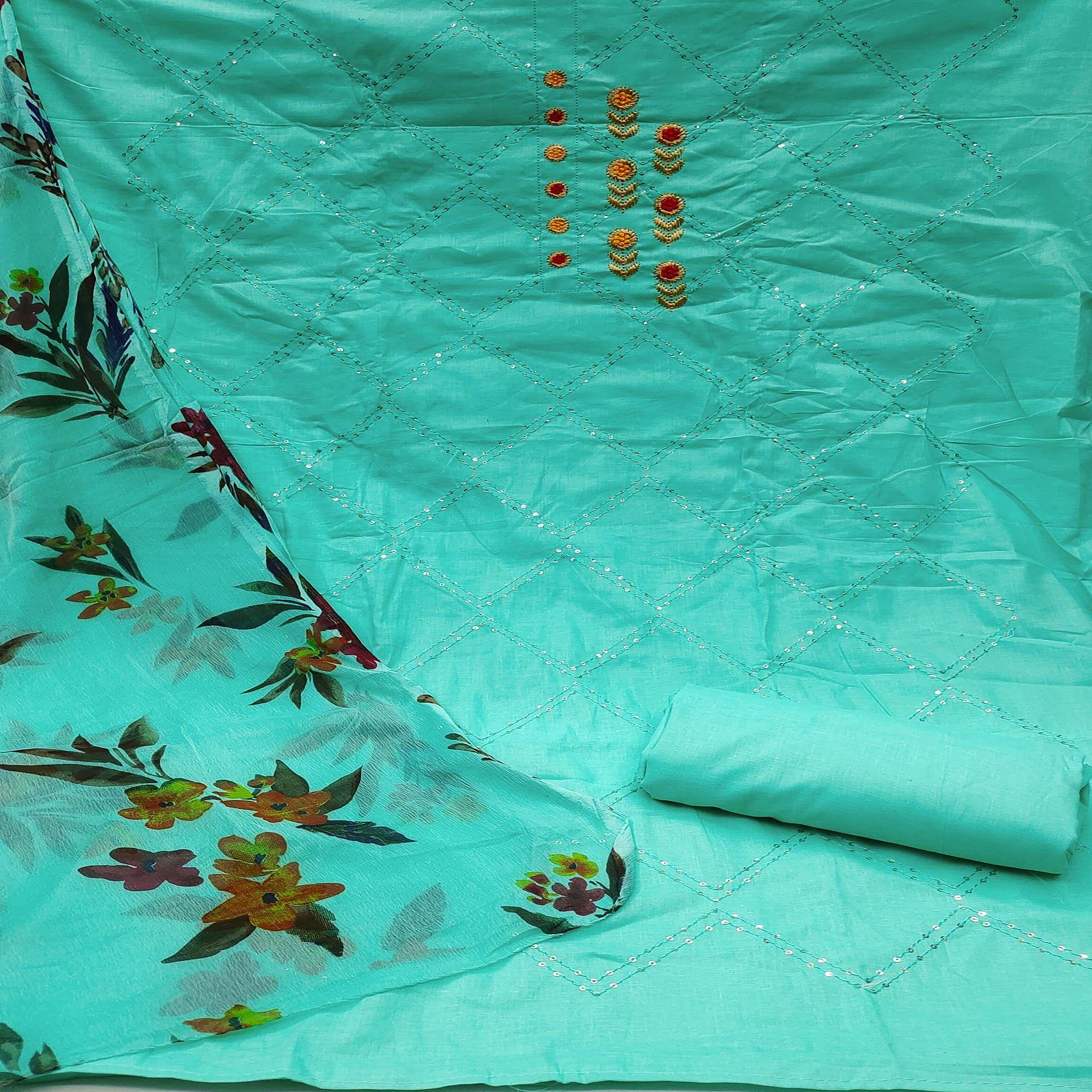 Turquoise Festive Wear Embellished With Embroidered Cotton Dress Material - Peachmode