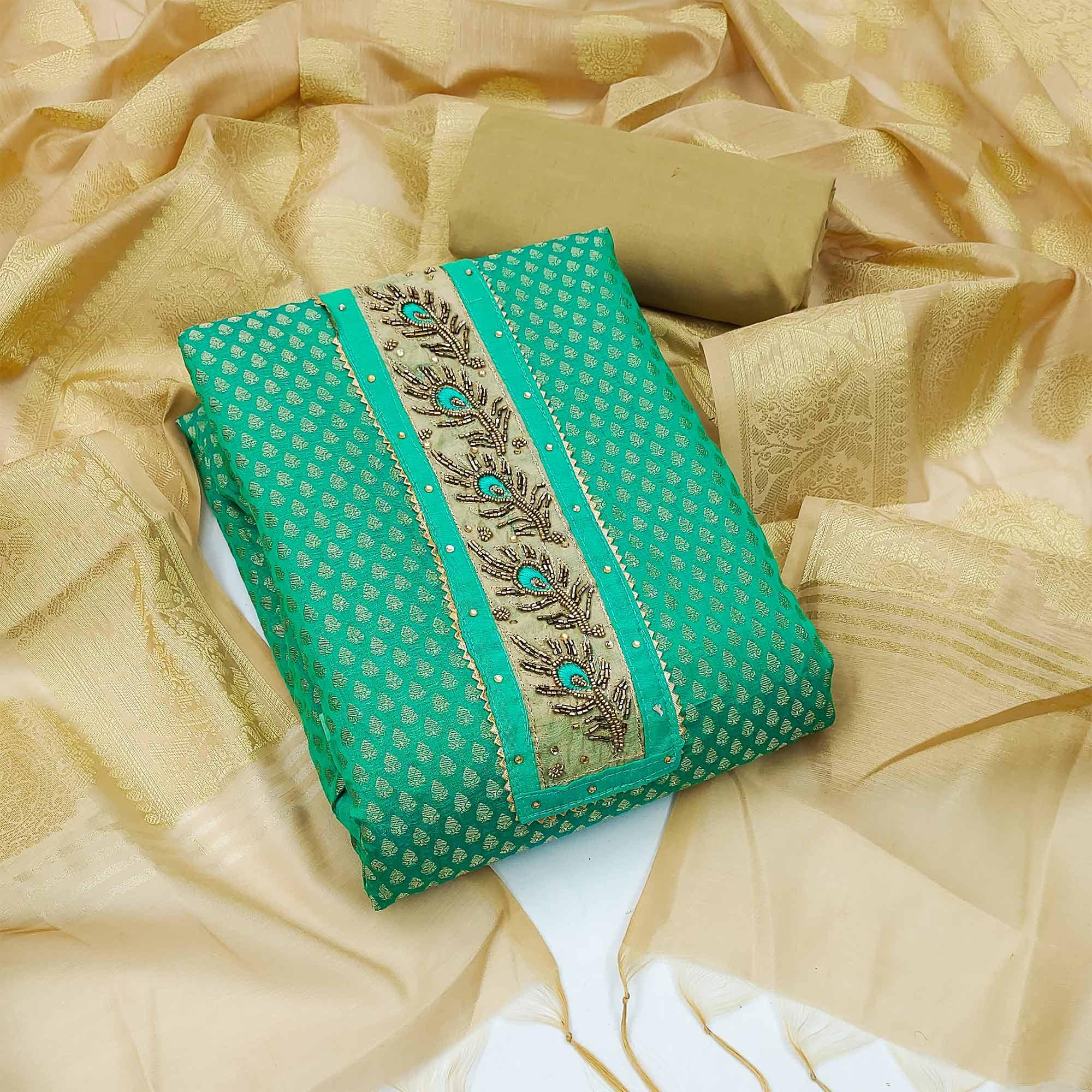 Turquoise Festive Wear Embellished with Woven Chanderi Dress Material - Peachmode