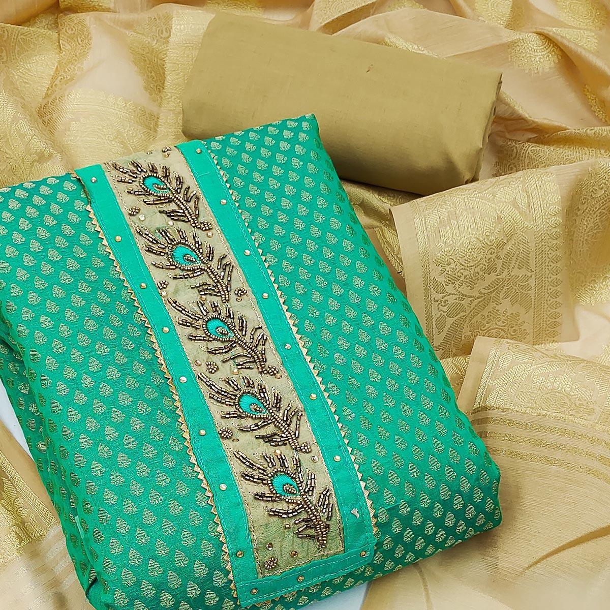 Turquoise Festive Wear Embellished with Woven Chanderi Dress Material - Peachmode