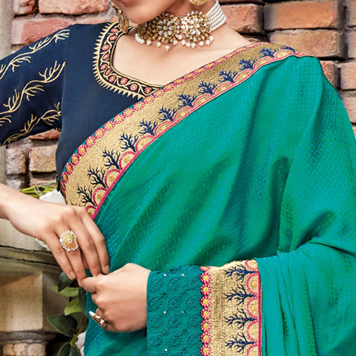 Turquoise Festive Wear Embroidered Art Silk Saree - Peachmode