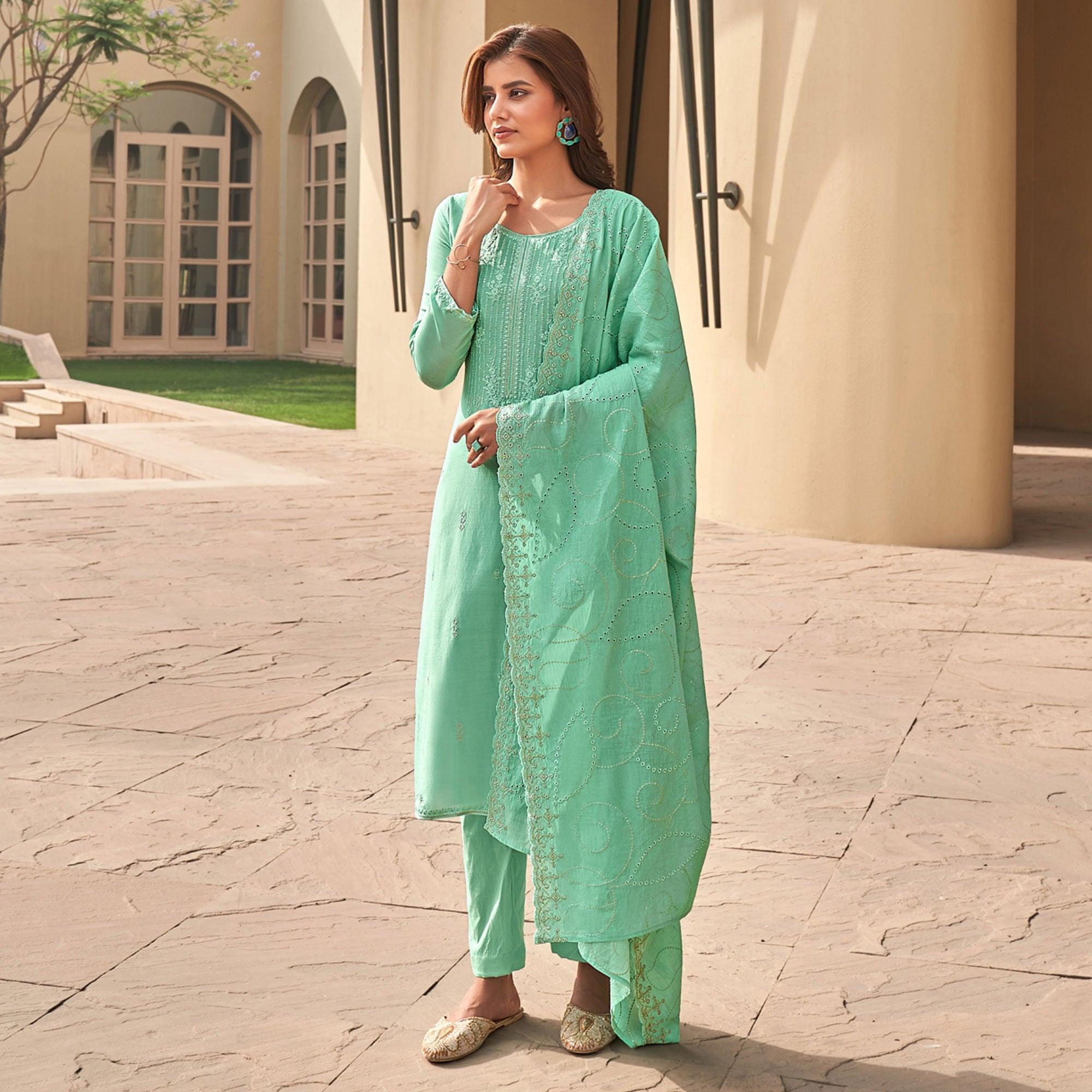 Turquoise Festive Wear Embroidered Muslin Palazzo Suit - Peachmode
