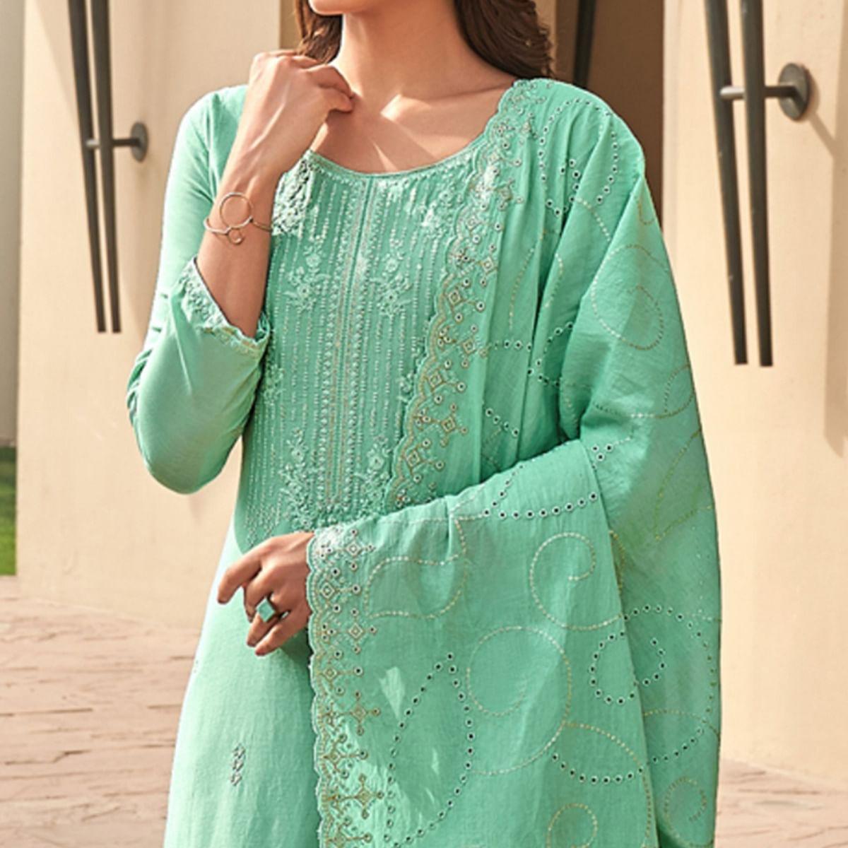 Turquoise Festive Wear Embroidered Muslin Palazzo Suit - Peachmode