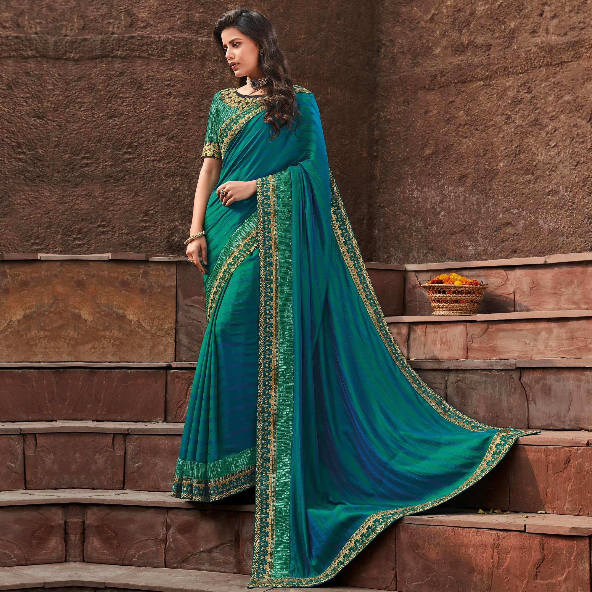 Turquoise Festive Wear Embroidered Silk Saree - Peachmode