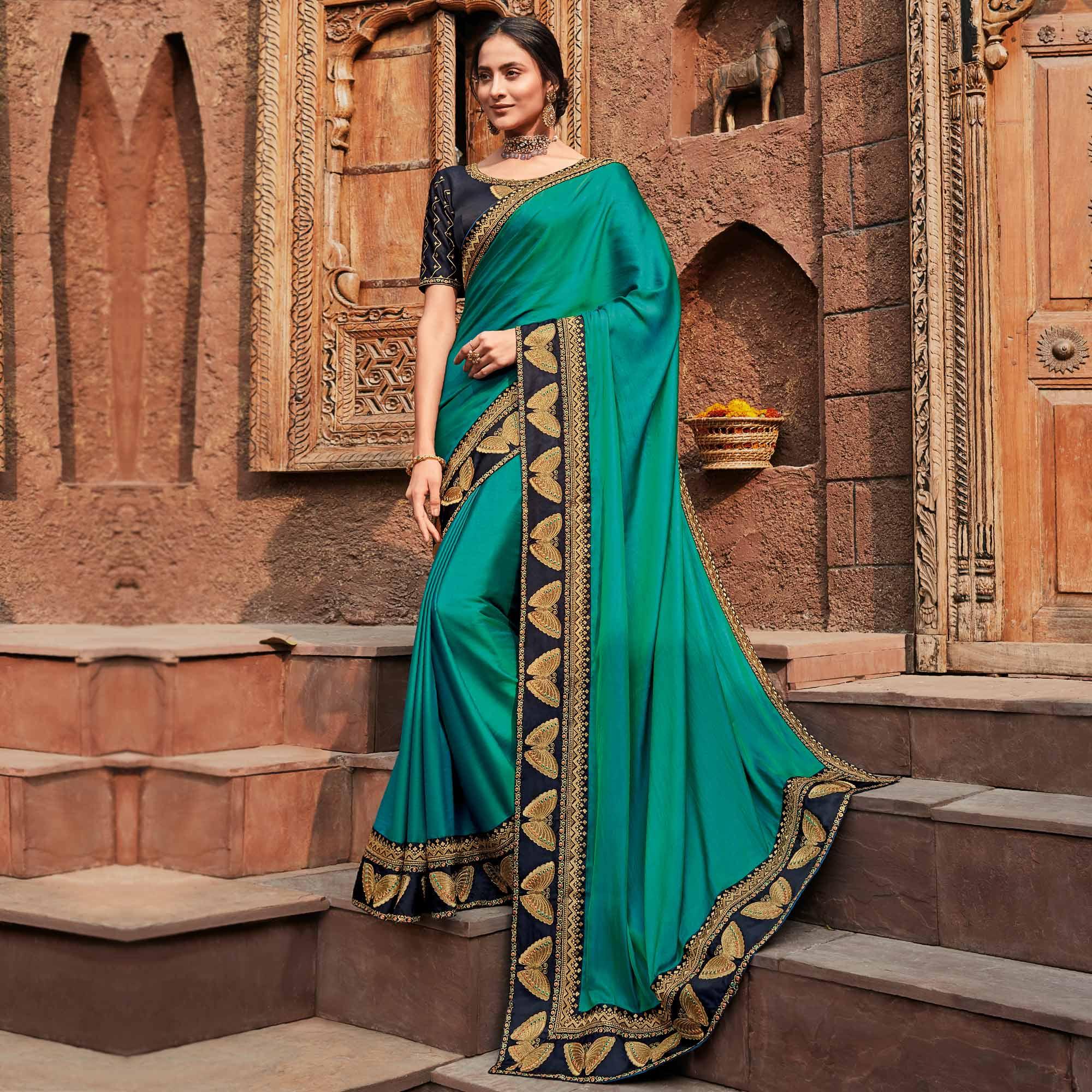Turquoise Festive Wear Embroidered Silk Saree - Peachmode