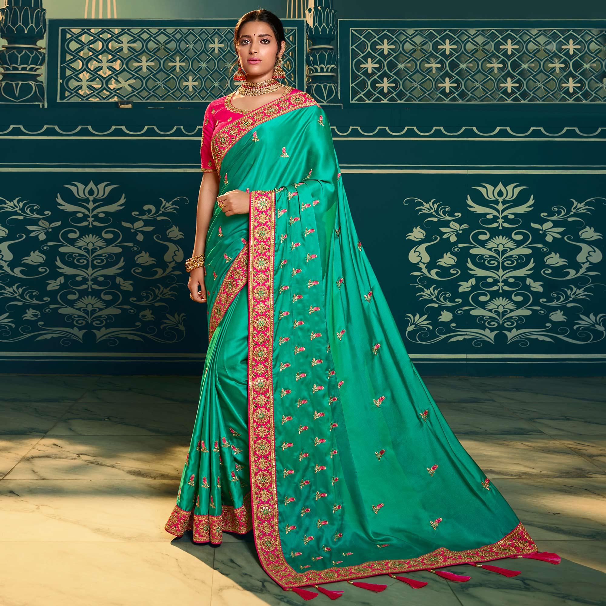 Turquoise Festive Wear Embroidered Silk Saree - Peachmode