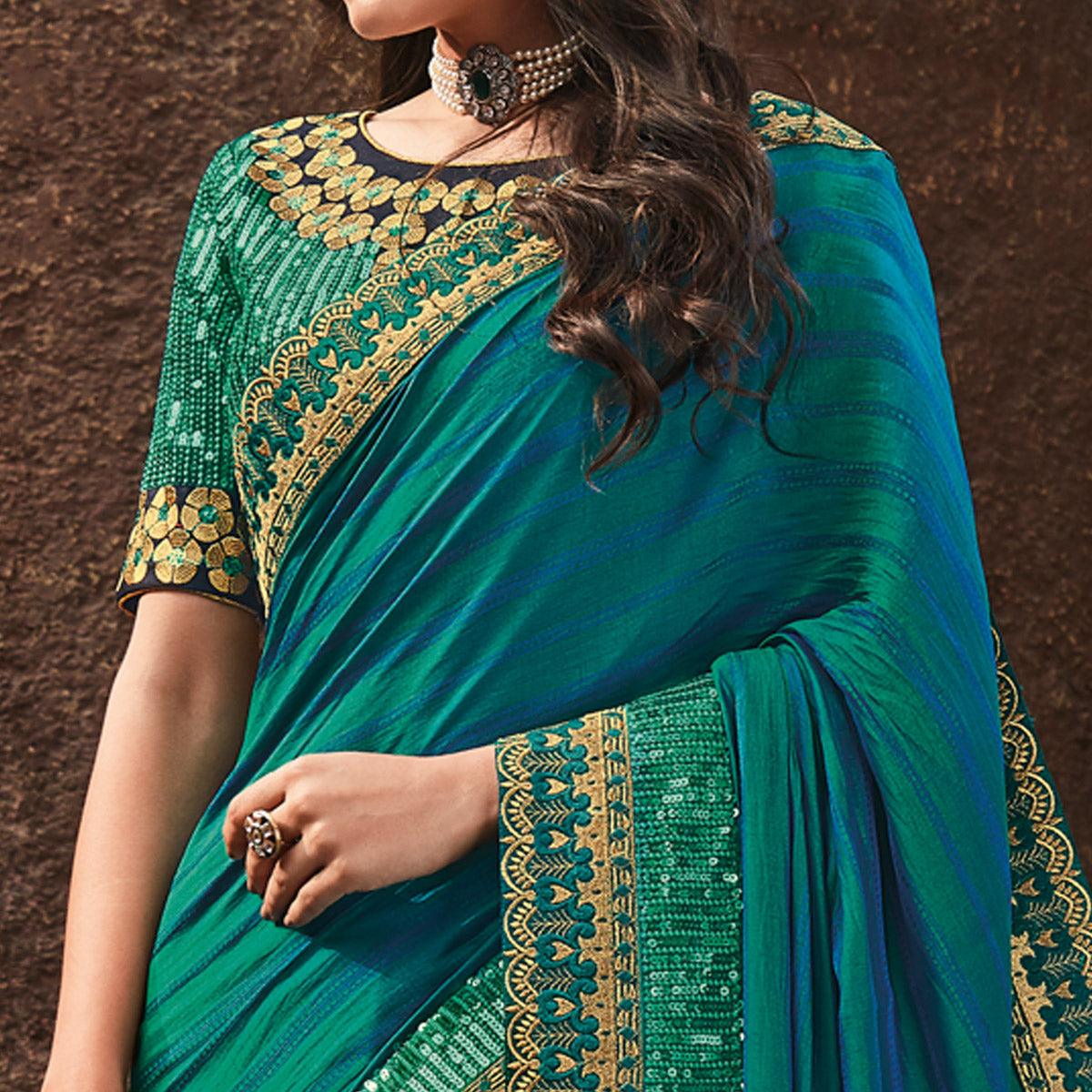 Turquoise Festive Wear Embroidered Silk Saree - Peachmode