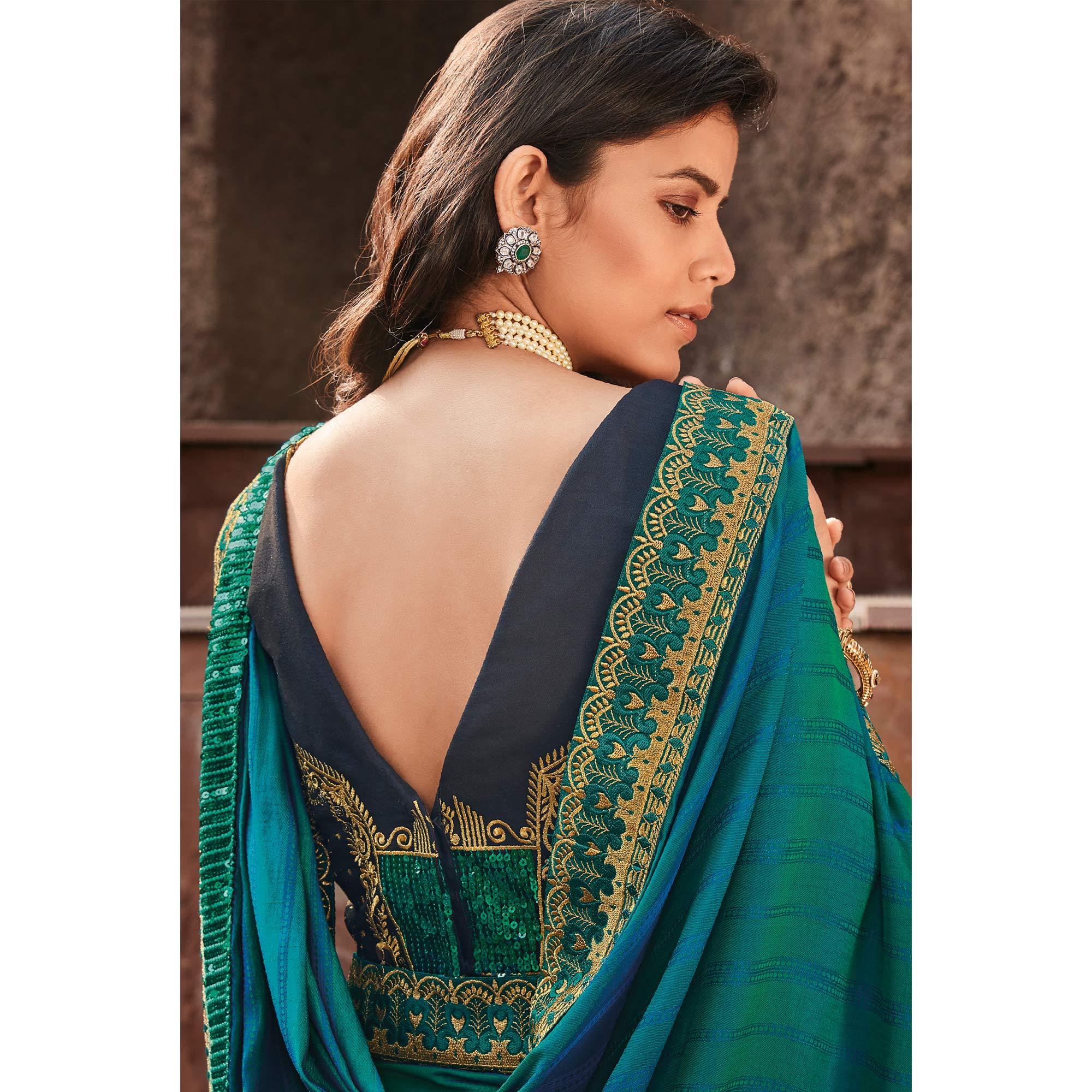 Turquoise Festive Wear Embroidered Silk Saree - Peachmode