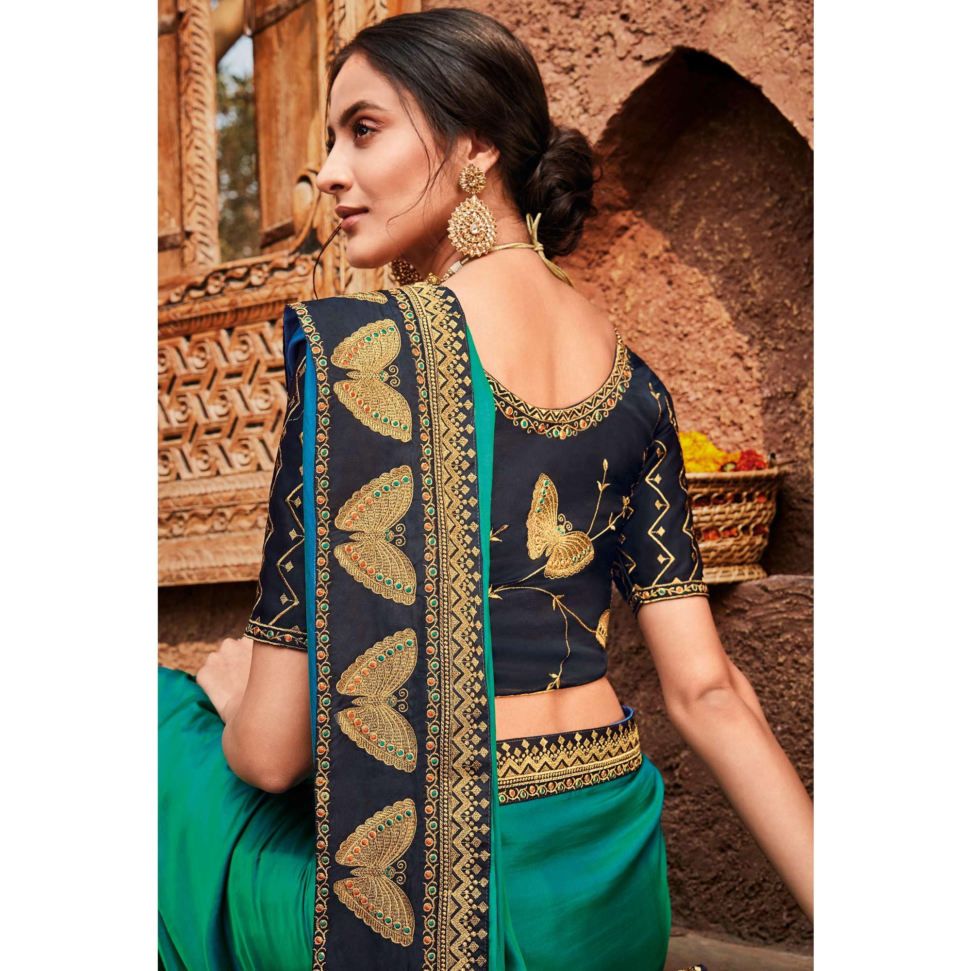 Turquoise Festive Wear Embroidered Silk Saree - Peachmode
