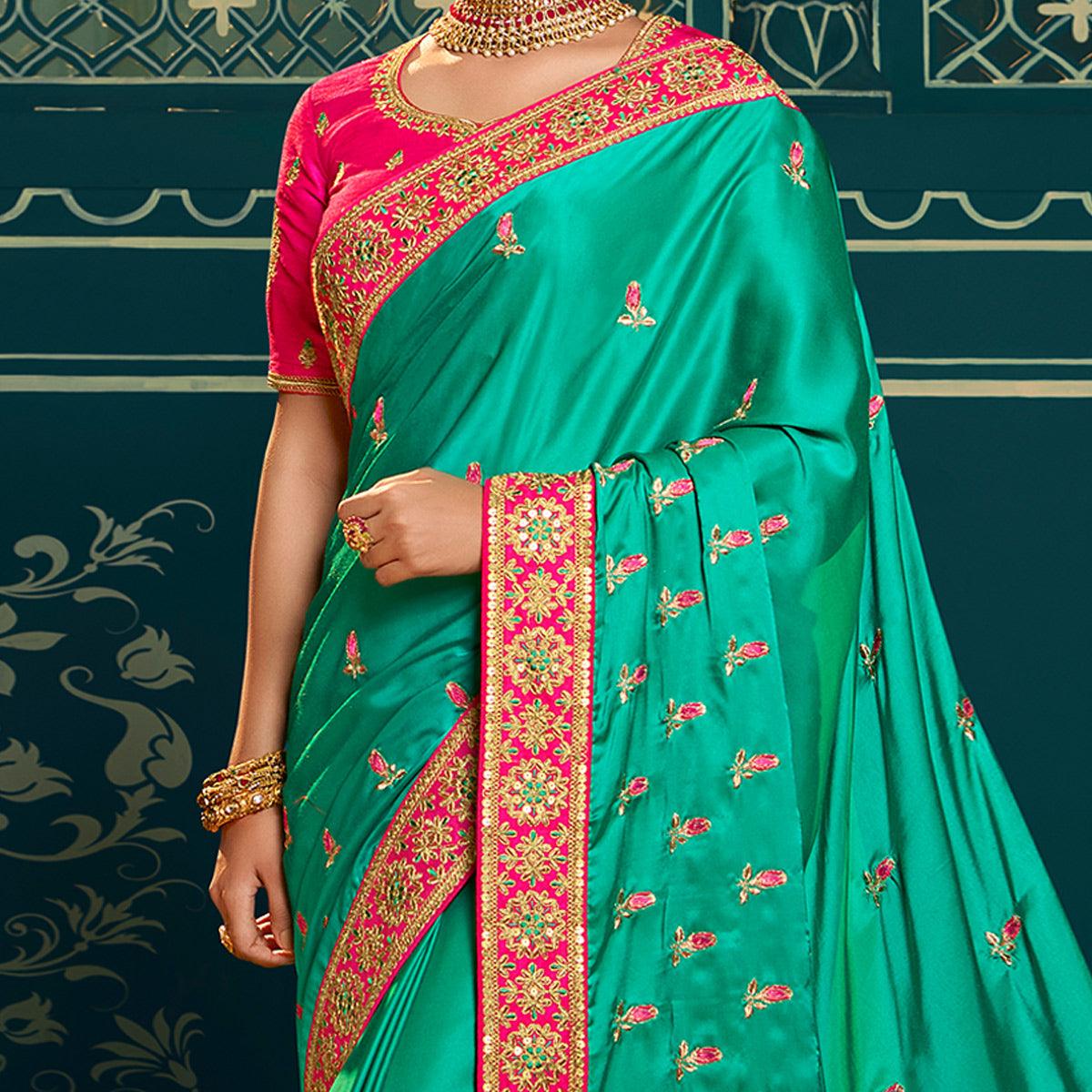 Turquoise Festive Wear Embroidered Silk Saree - Peachmode