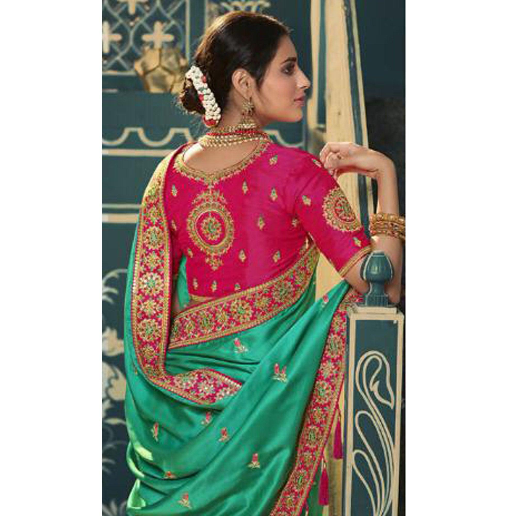 Turquoise Festive Wear Embroidered Silk Saree - Peachmode