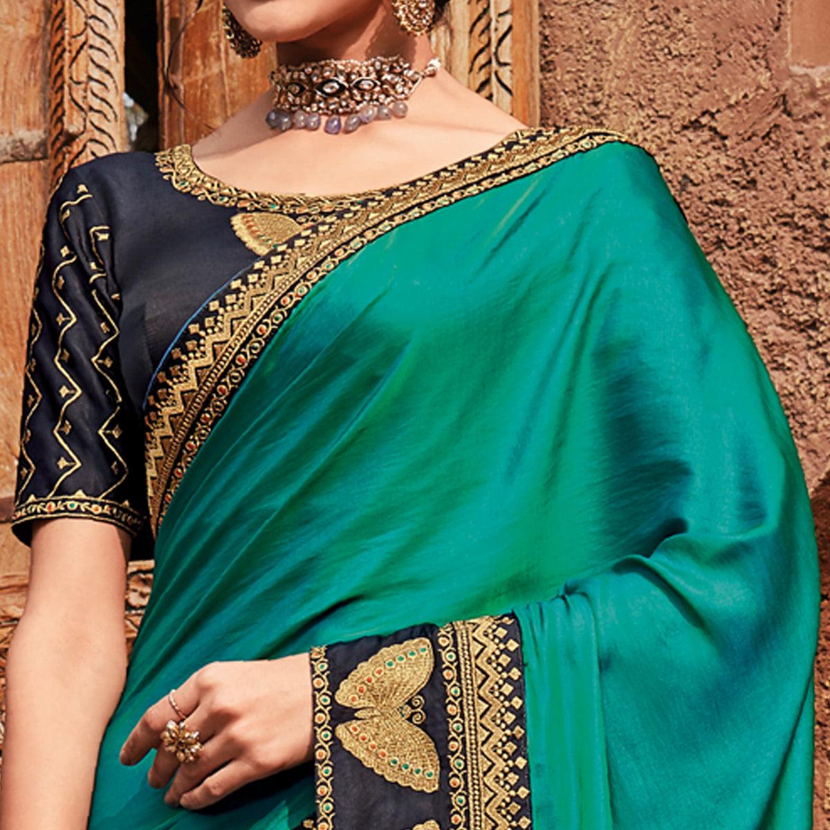 Turquoise Festive Wear Embroidered Silk Saree - Peachmode