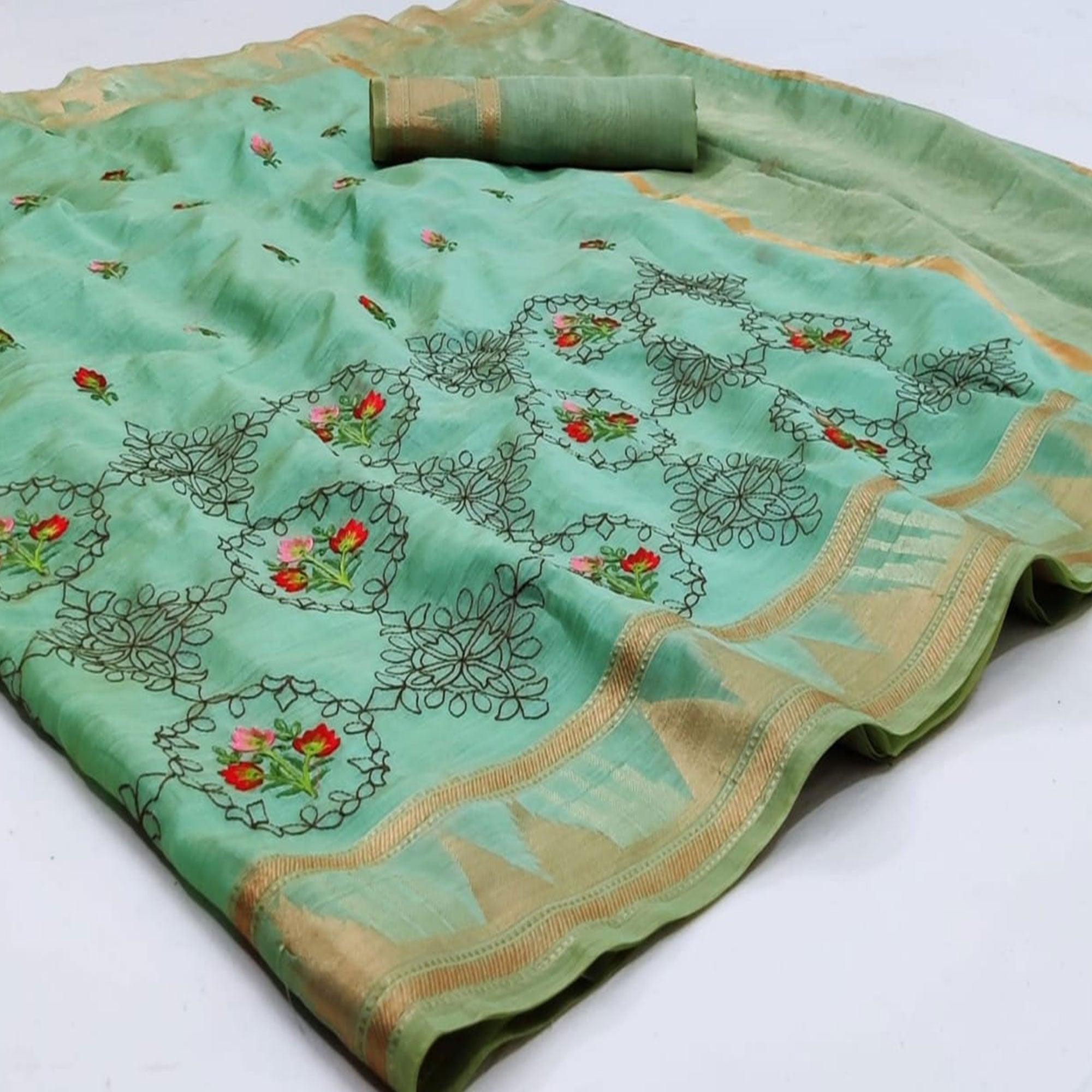 Turquoise Festive Wear Floral Embroidery With Woven Organza Saree - Peachmode