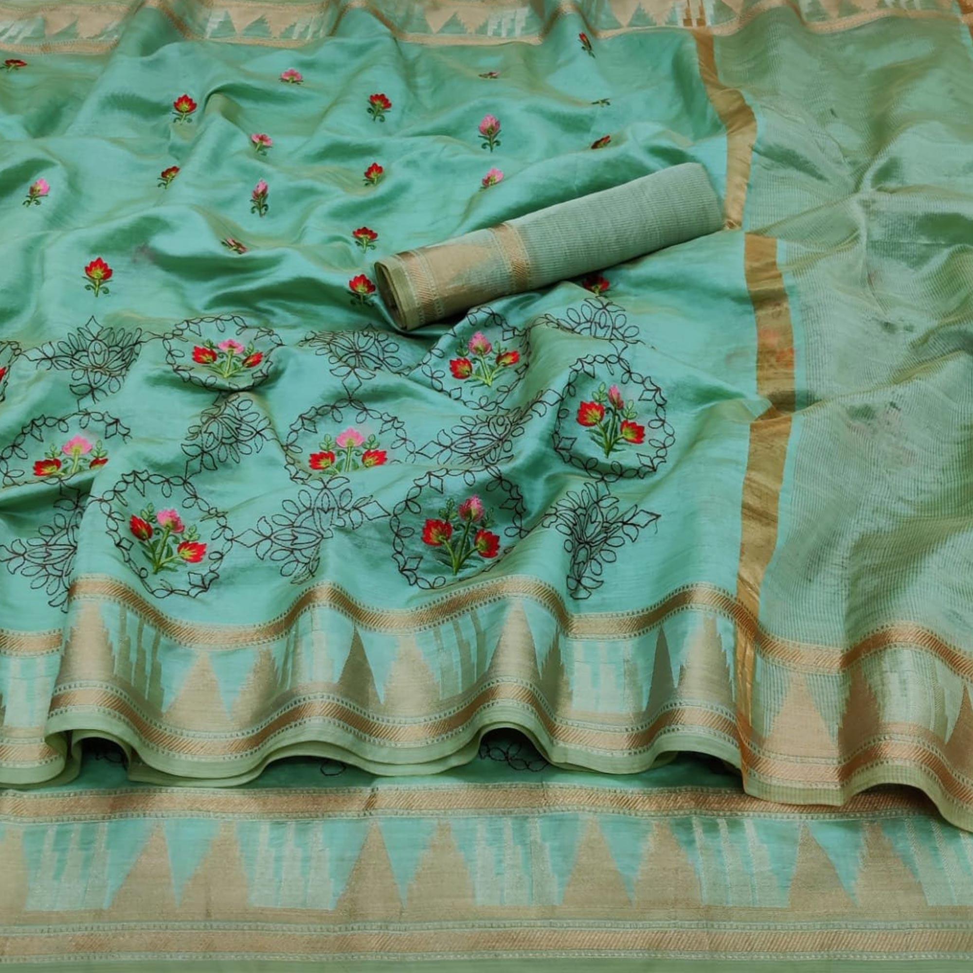 Turquoise Festive Wear Floral Embroidery With Woven Organza Saree - Peachmode