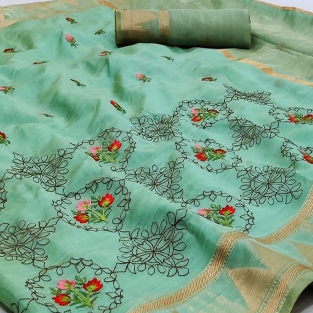 Turquoise Festive Wear Floral Embroidery With Woven Organza Saree - Peachmode