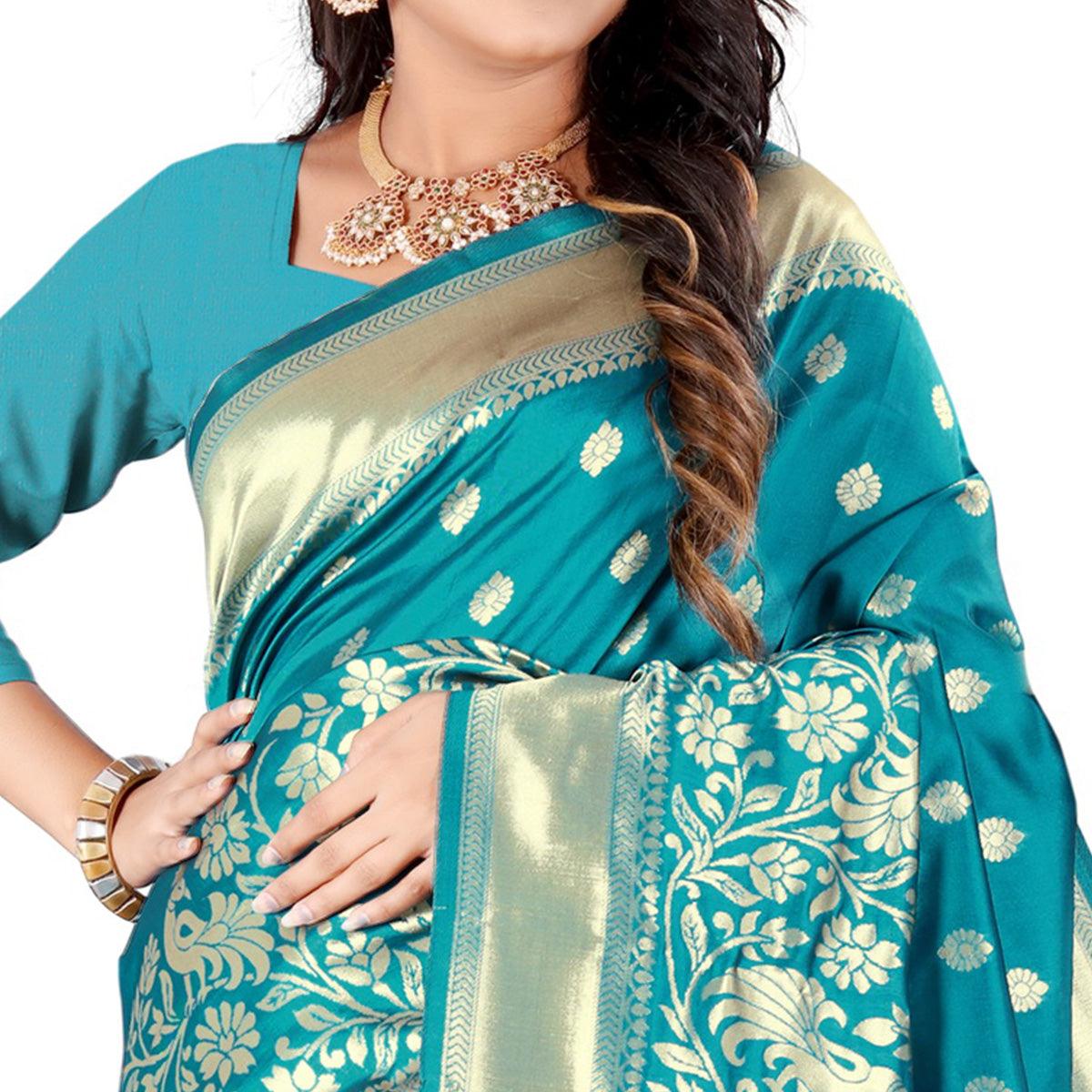 Turquoise Festive Wear Floral Woven Banarasi Silk Saree - Peachmode