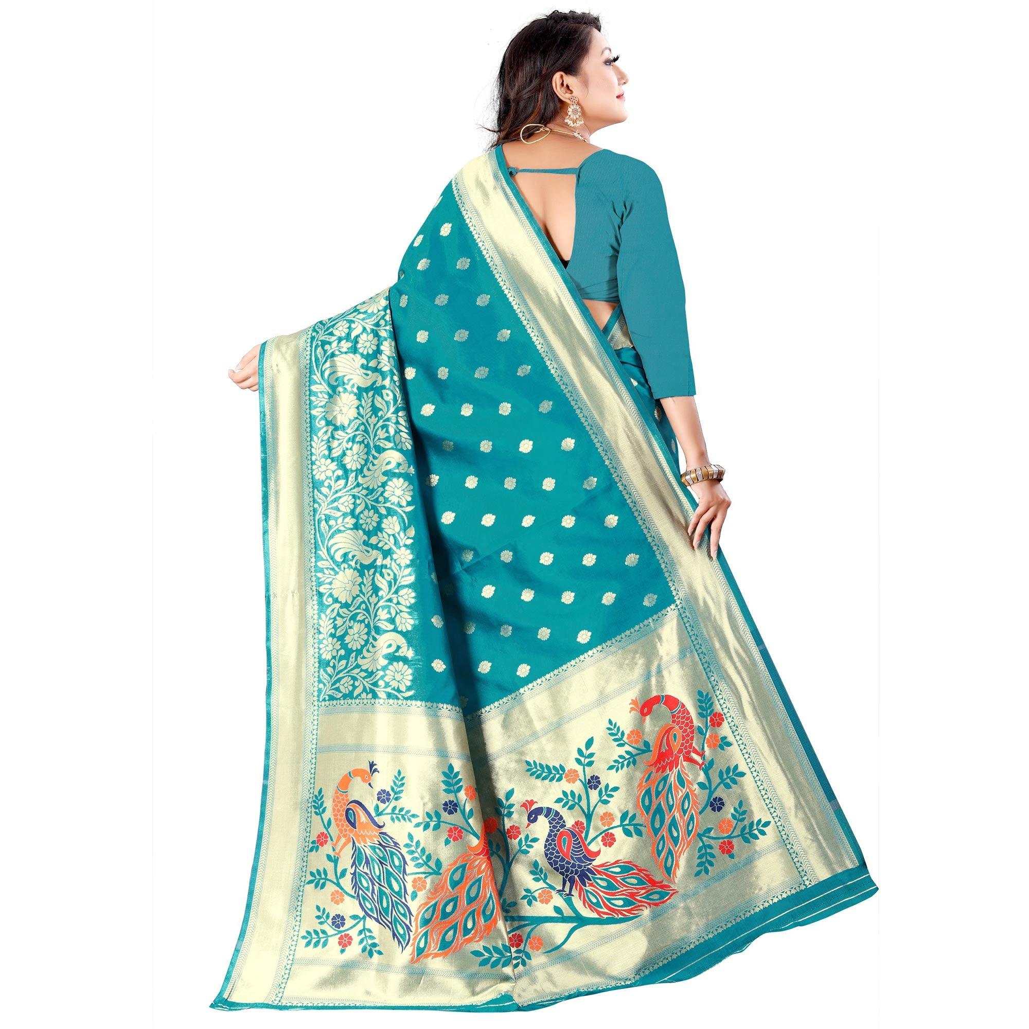 Turquoise Festive Wear Floral Woven Banarasi Silk Saree - Peachmode