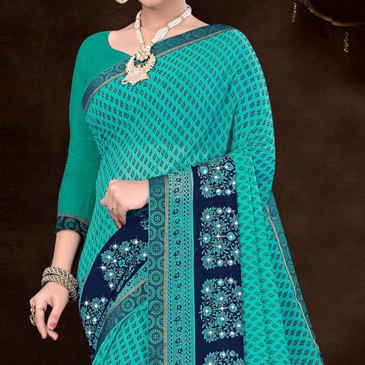 Turquoise Festive Wear Geometric Printed  Work Georgette Designer Saree - Peachmode