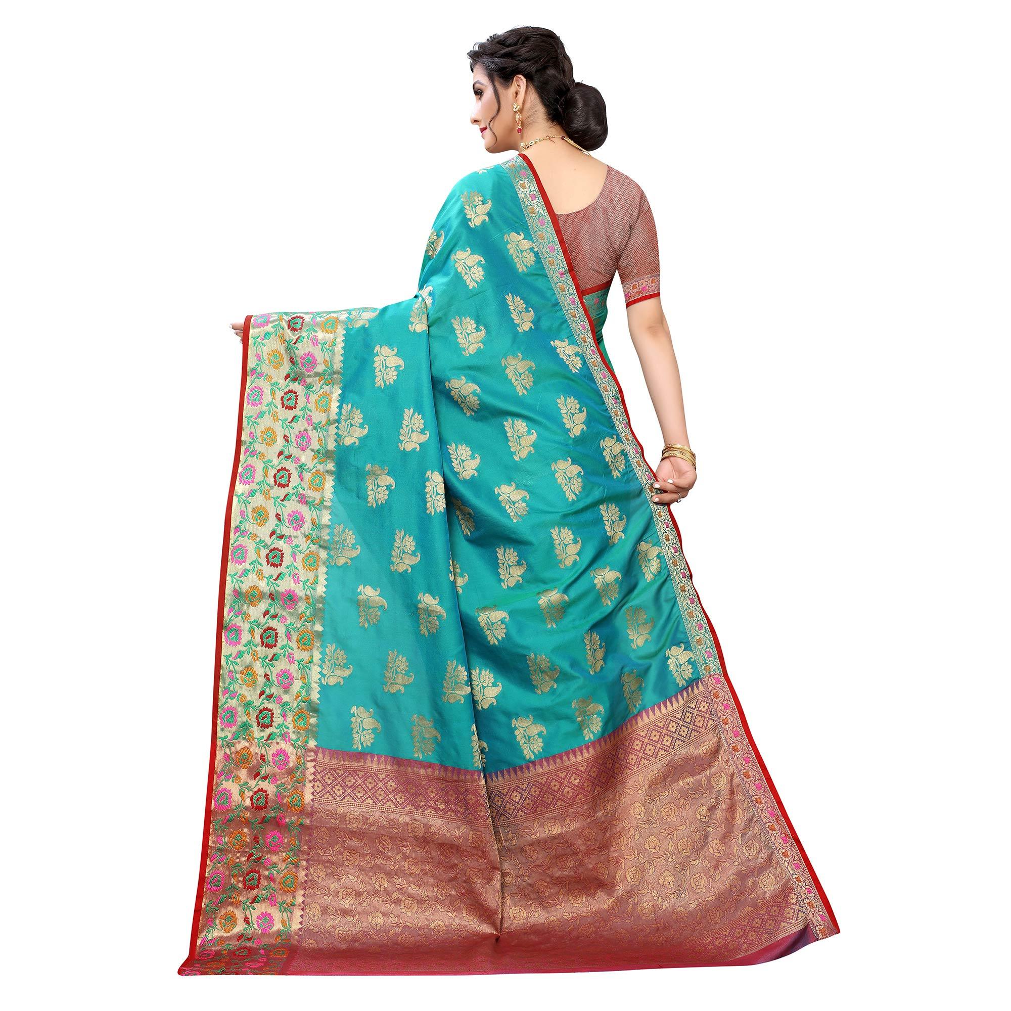 Turquoise Festive Wear Jari Woven Heavy Silk Saree - Peachmode