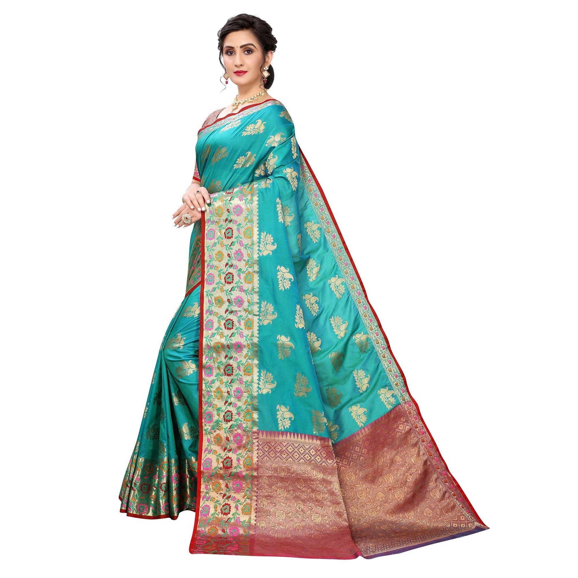 Turquoise Festive Wear Jari Woven Heavy Silk Saree - Peachmode