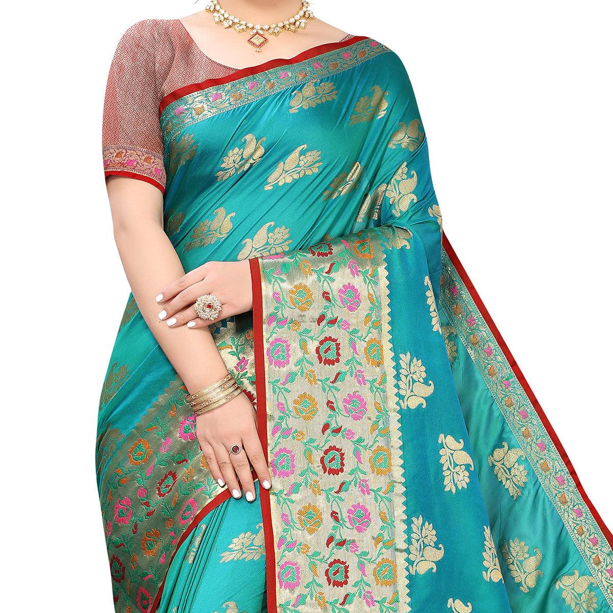 Turquoise Festive Wear Jari Woven Heavy Silk Saree - Peachmode
