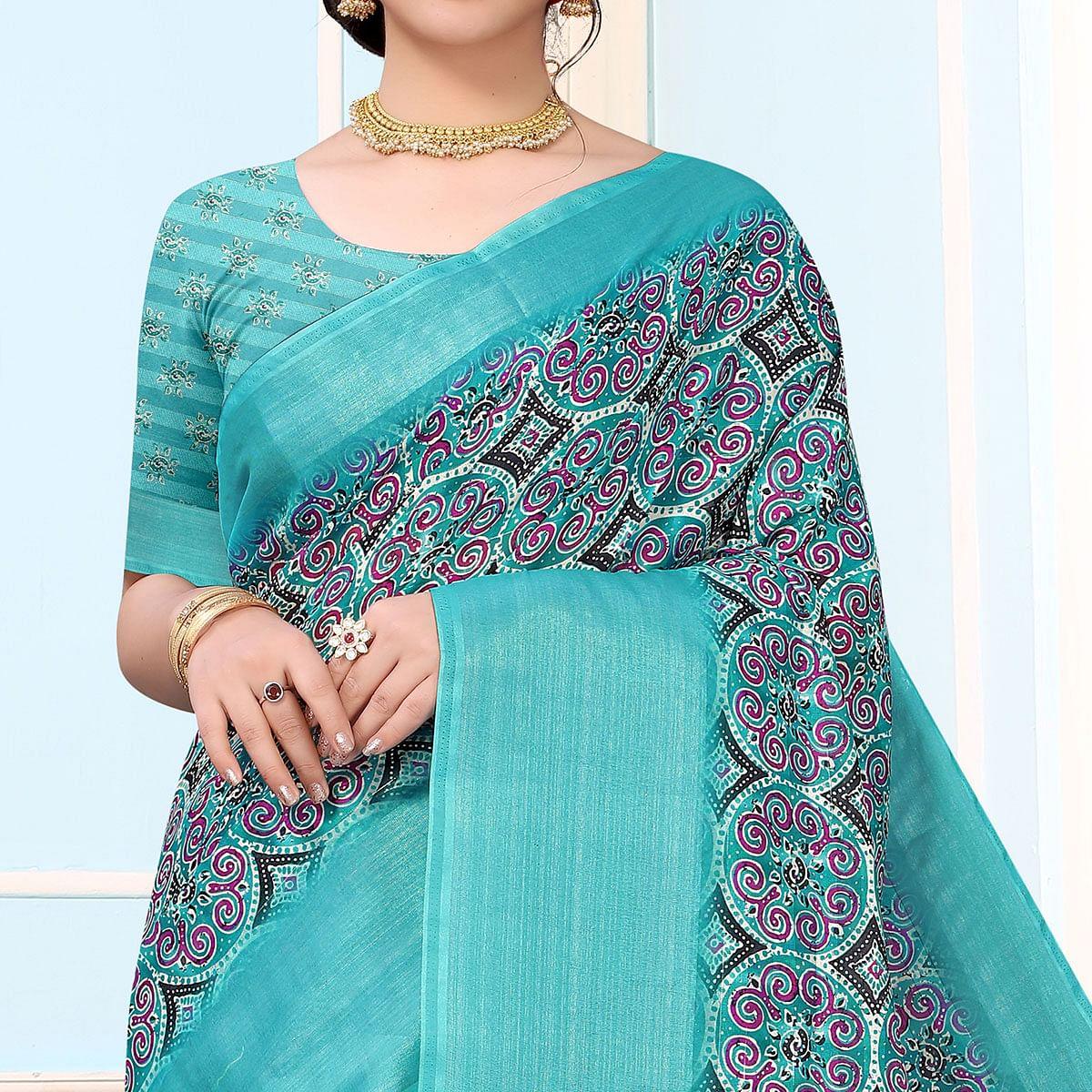 Turquoise Festive Wear Printed Art Silk Saree - Peachmode