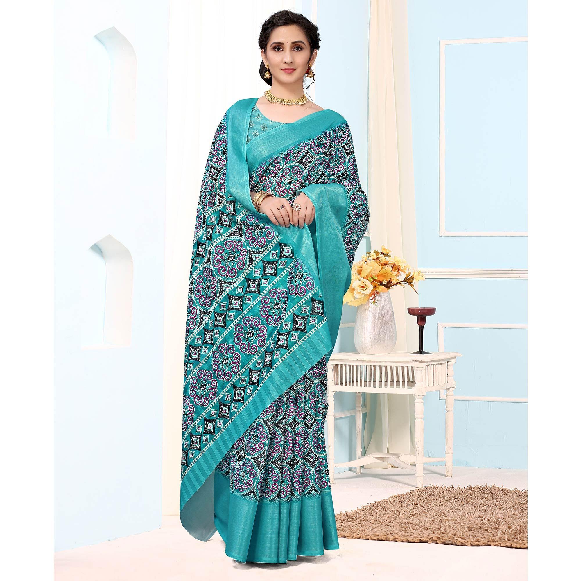 Turquoise Festive Wear Printed Art Silk Saree - Peachmode