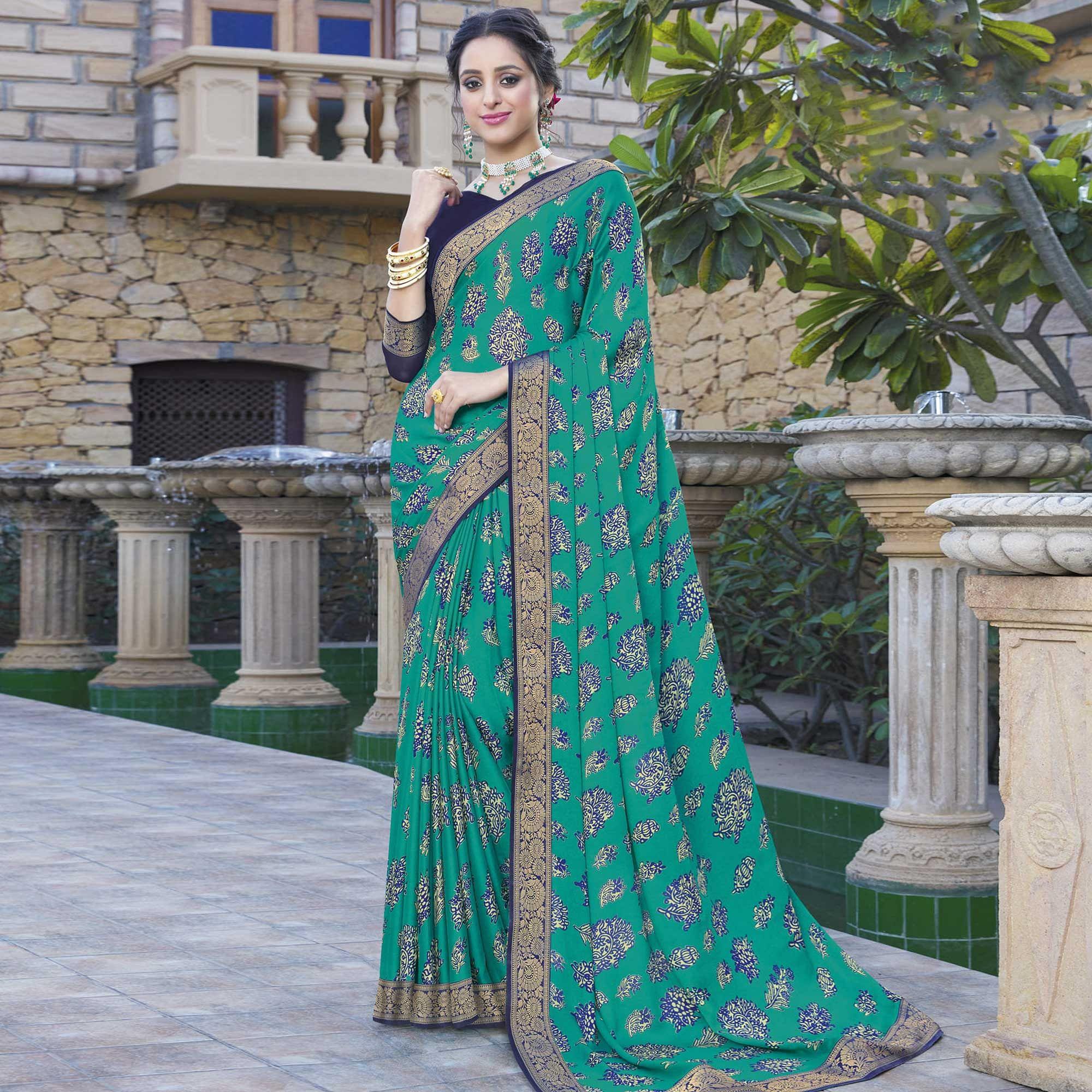 Turquoise Festive Wear Printed Chiffon Saree - Peachmode
