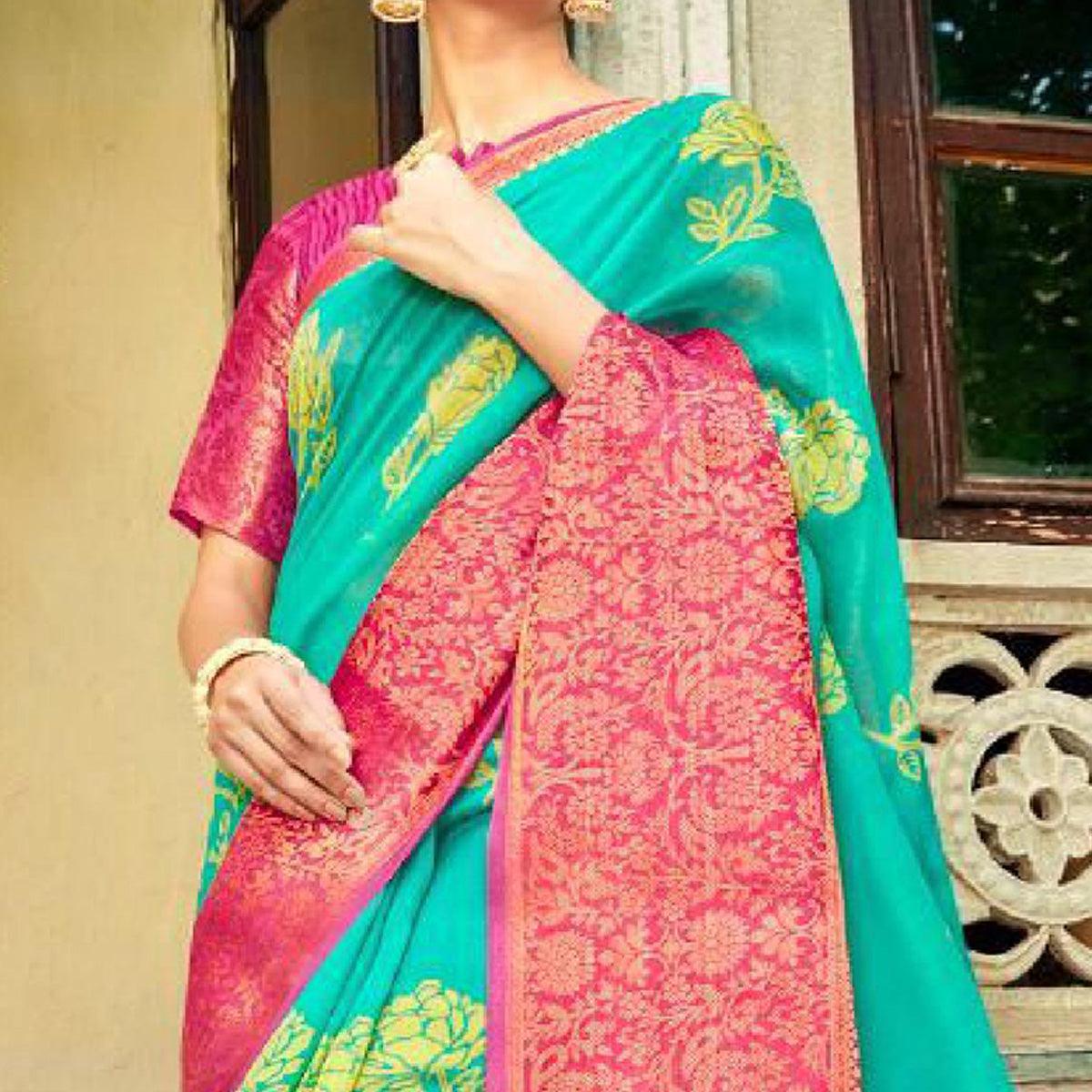 Turquoise Festive Wear Printed Cotton Silk Saree With Woven Border - Peachmode