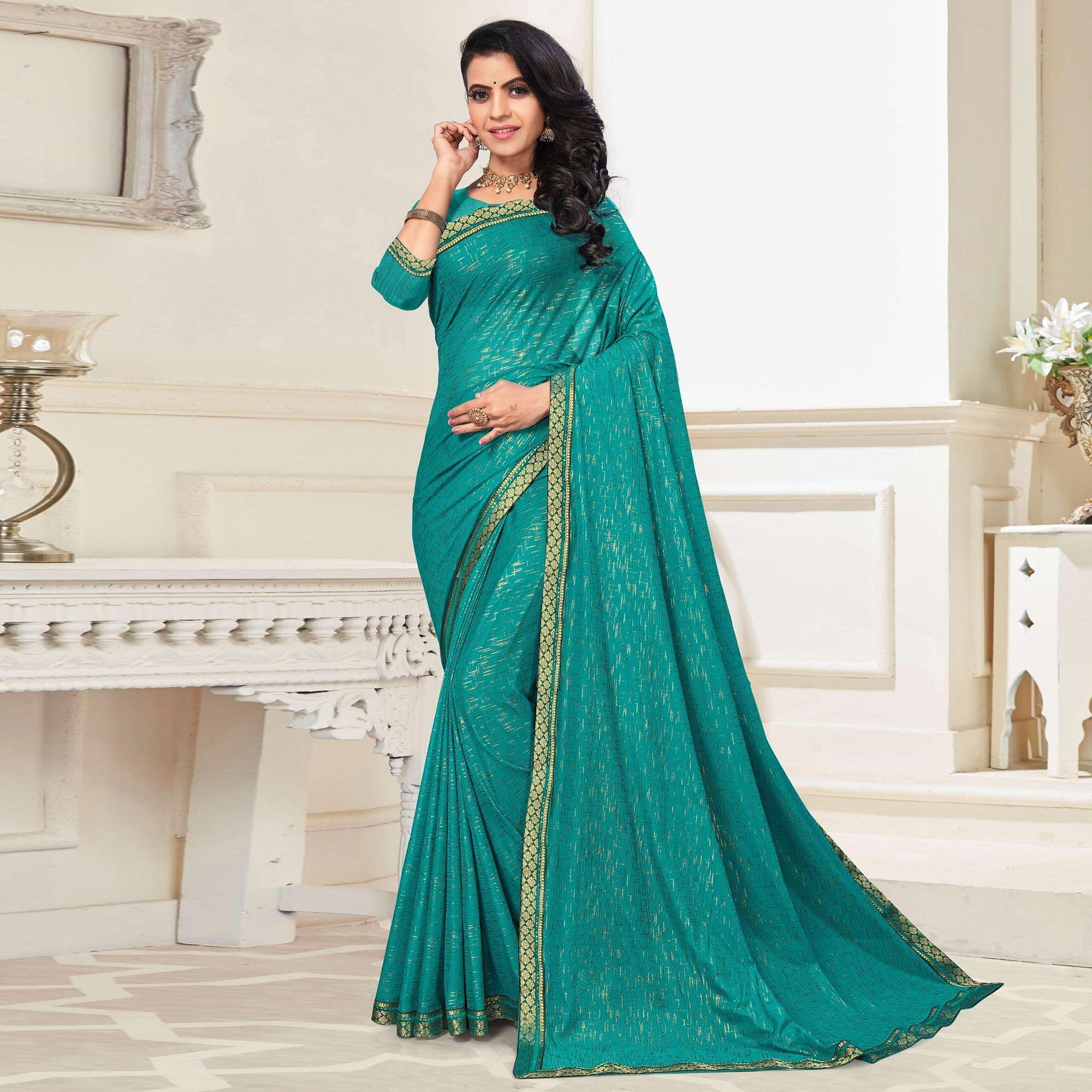 Turquoise Festive Wear Printed With Banarasi Lace Art Silk Saree - Peachmode