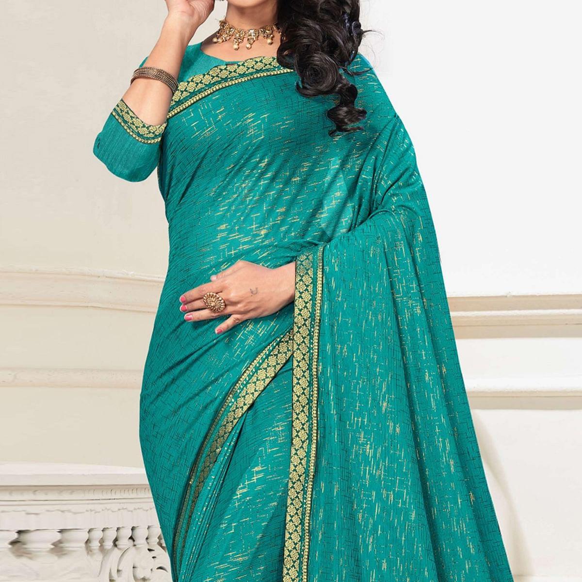 Turquoise Festive Wear Printed With Banarasi Lace Art Silk Saree - Peachmode
