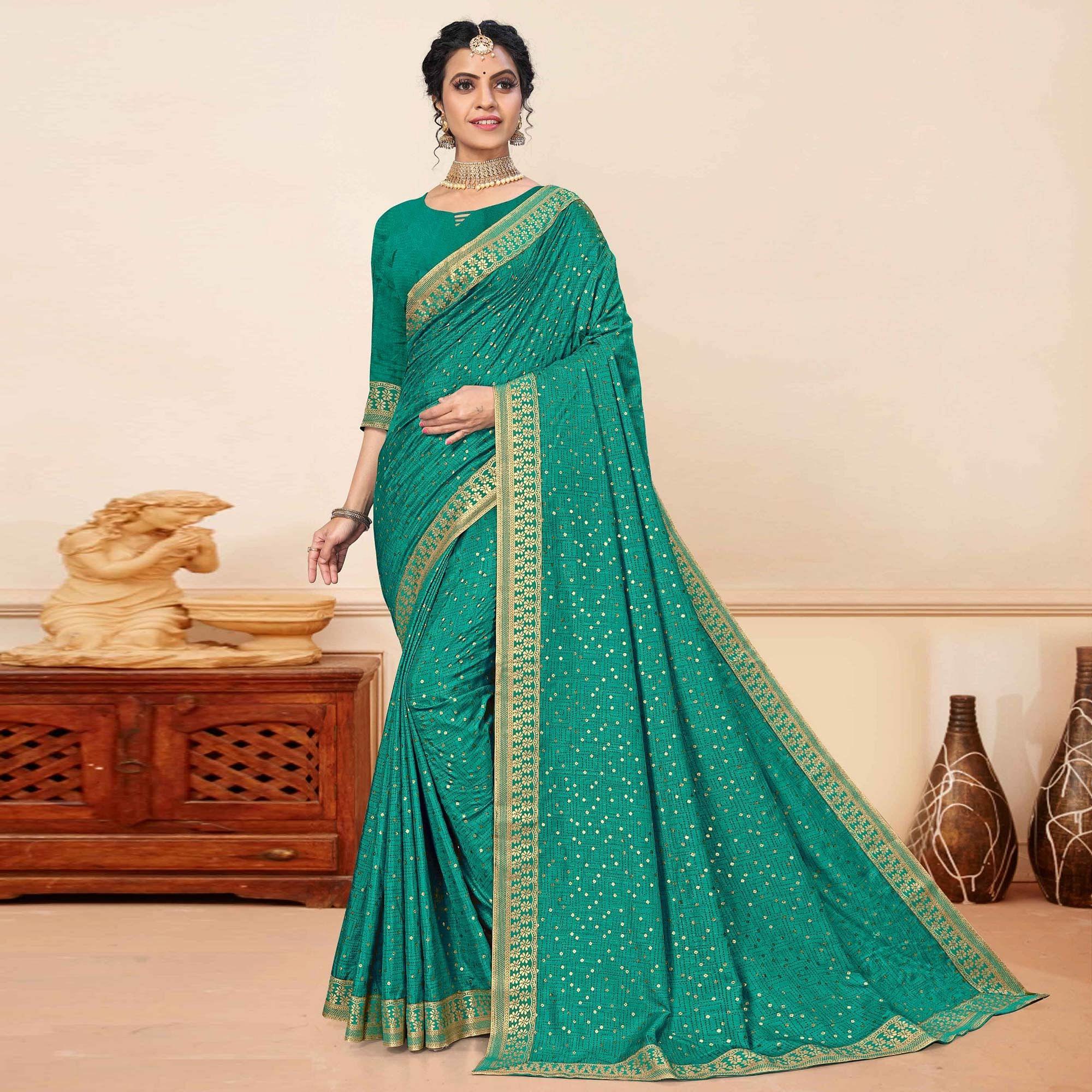 Turquoise Festive Wear Sequence Embroidered Vichitra Silk Saree - Peachmode