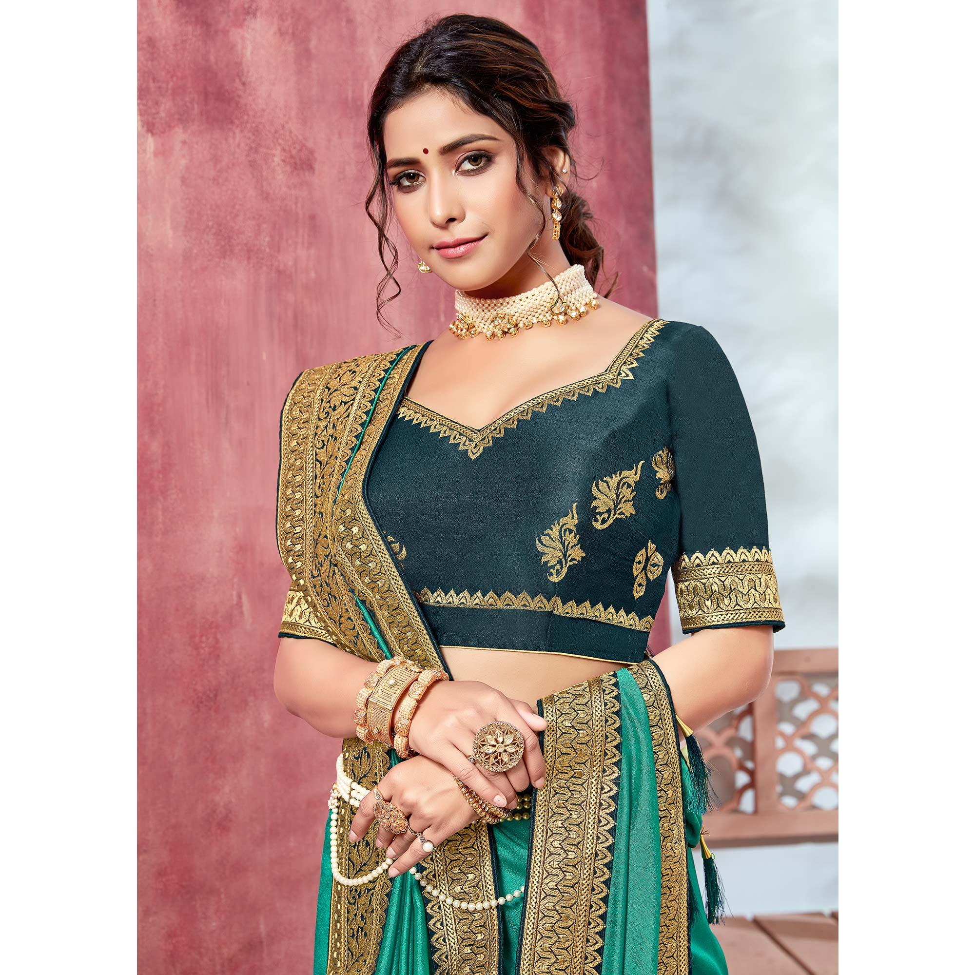 Turquoise Festive Wear Silk Saree With Embroidered Border - Peachmode